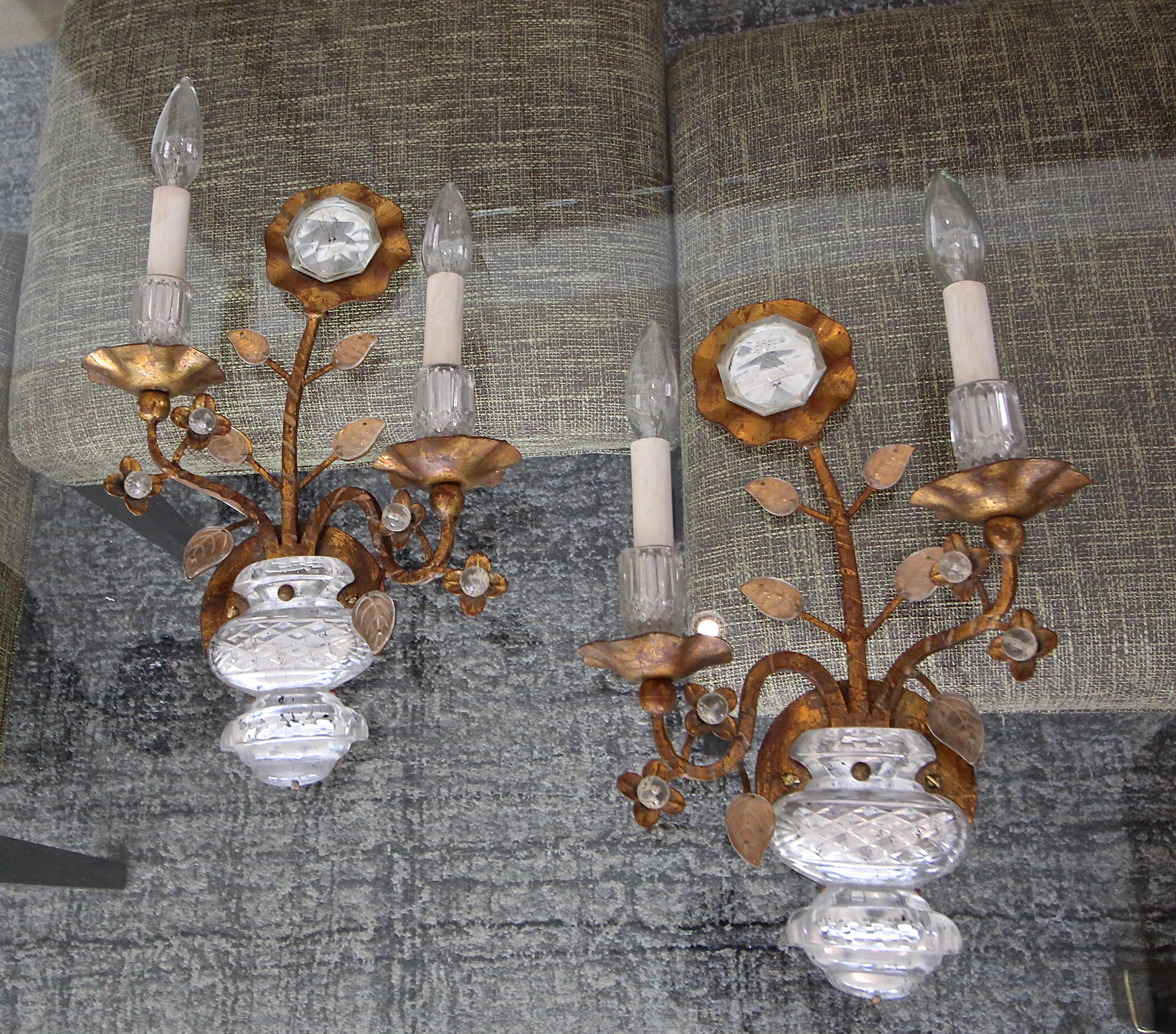 Pair of Gilt Sunflower and Urn Crystal Banci Wall Sconces 11