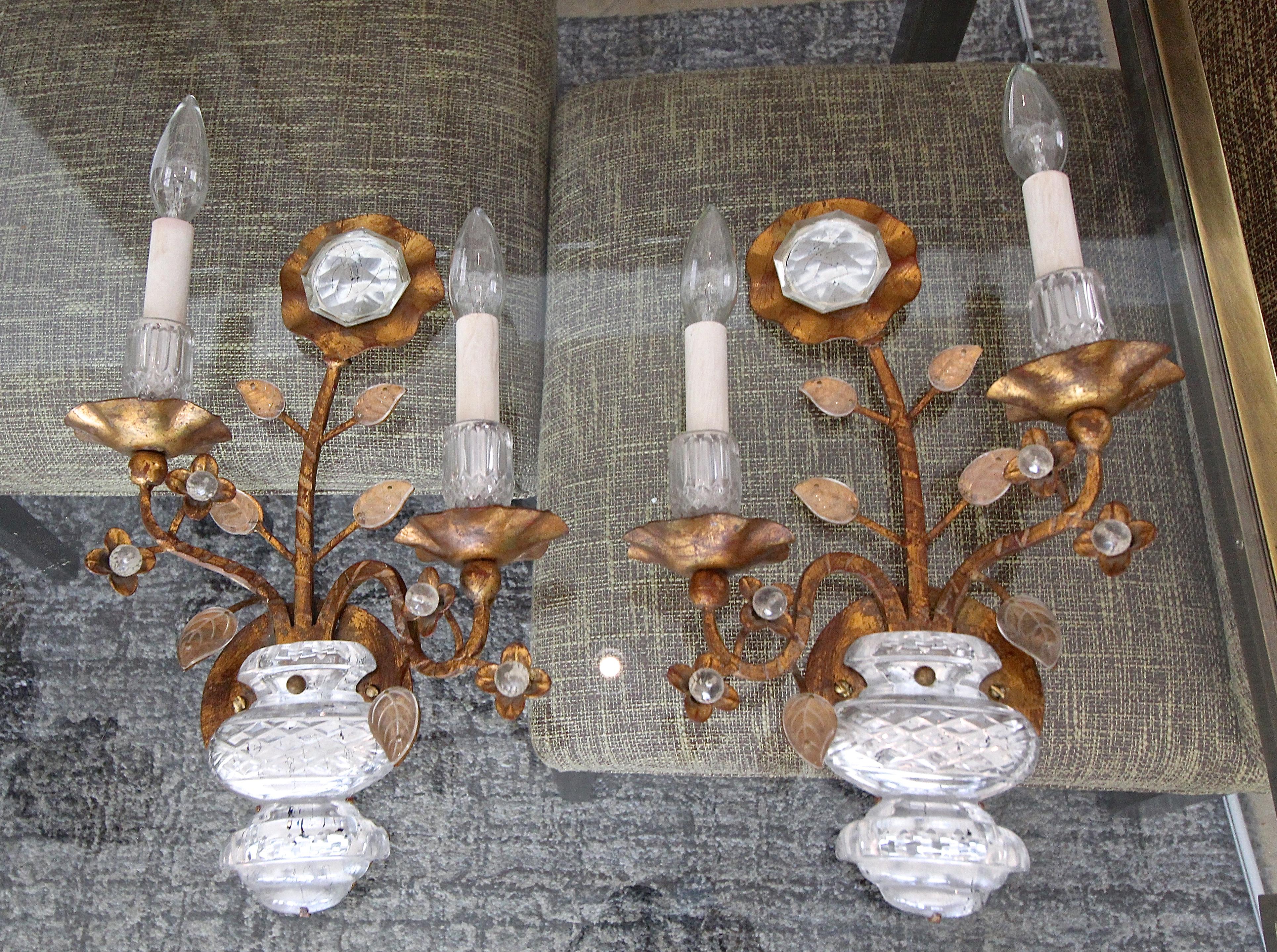 Pair of Gilt Sunflower and Urn Crystal Banci Wall Sconces In Good Condition In Palm Springs, CA