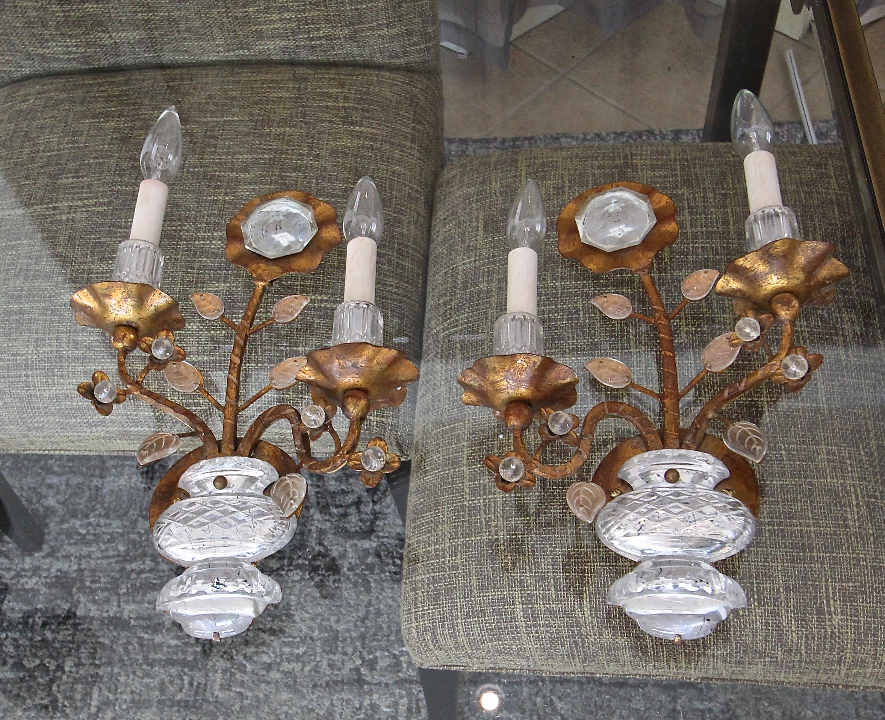 Late 20th Century Pair of Gilt Sunflower and Urn Crystal Banci Wall Sconces
