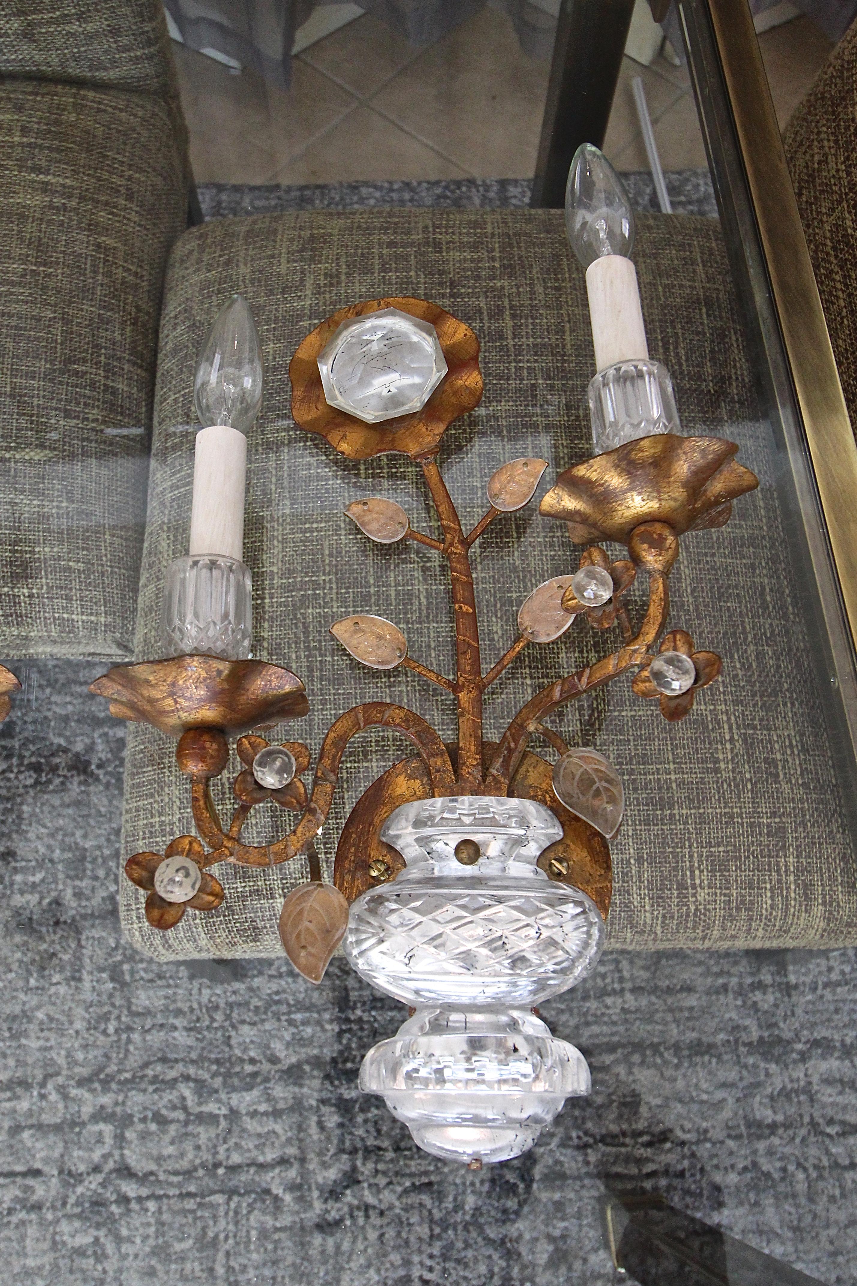 Metal Pair of Gilt Sunflower and Urn Crystal Banci Wall Sconces