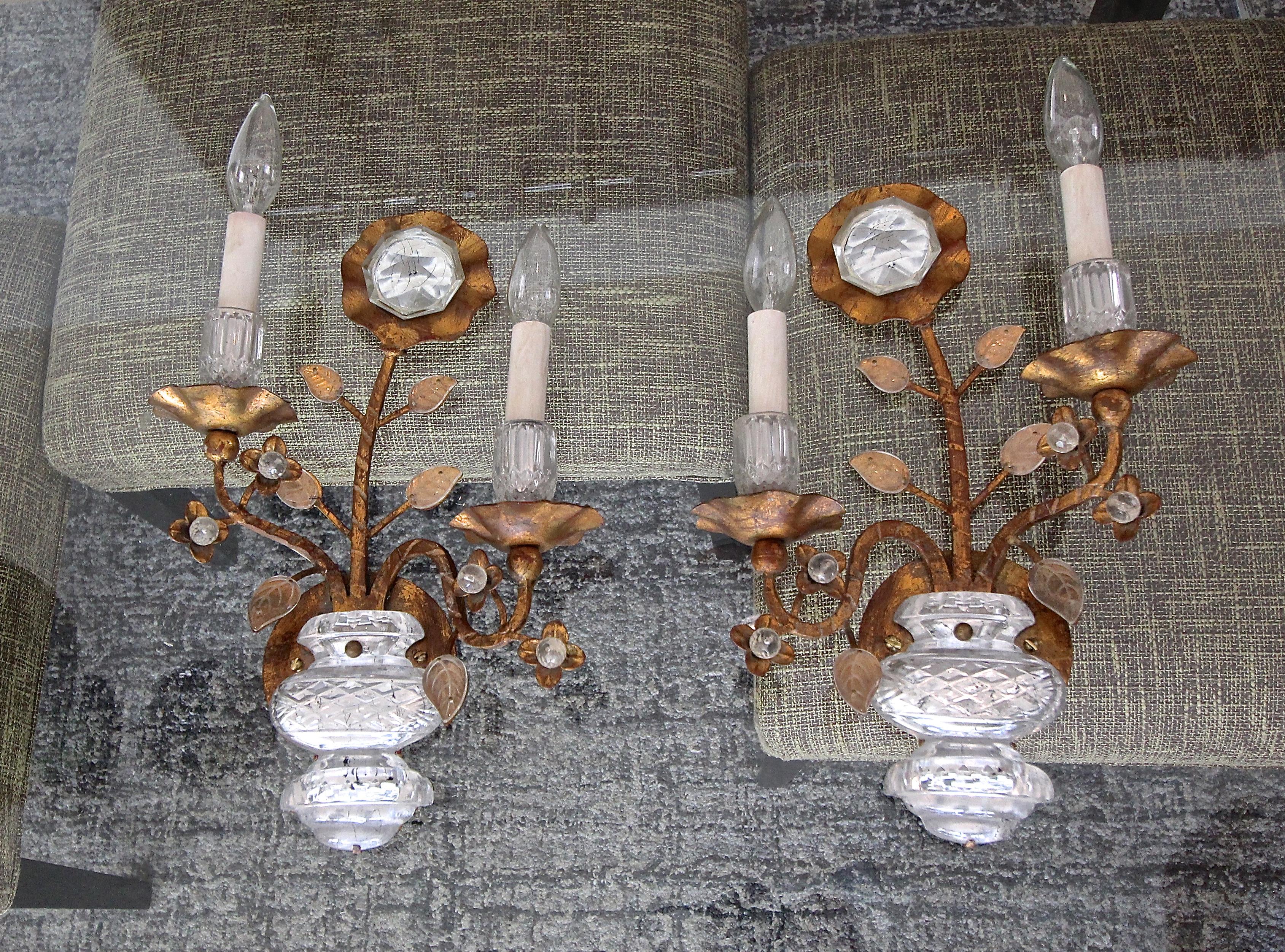 Pair of Gilt Sunflower and Urn Crystal Banci Wall Sconces 1