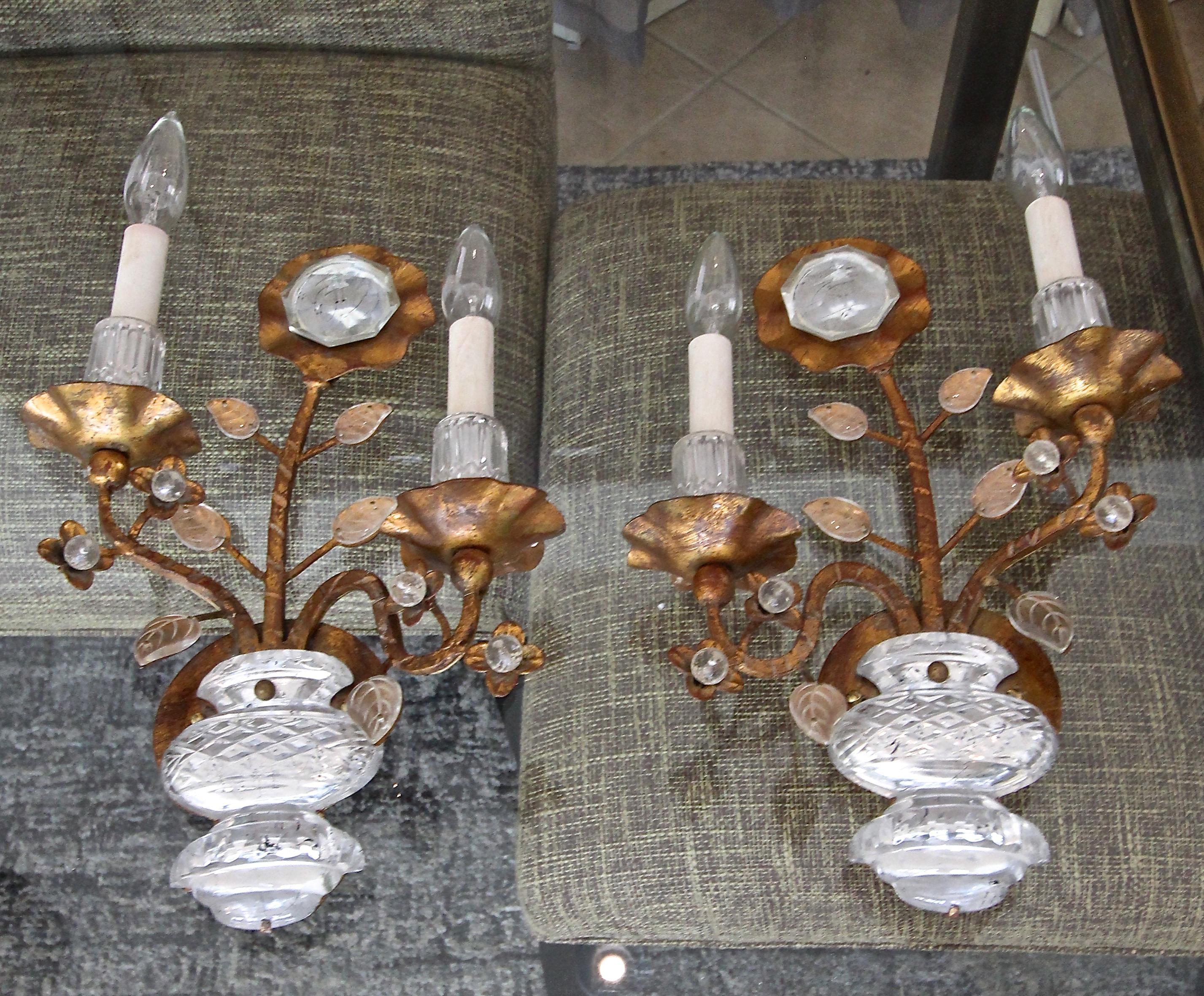 Pair of Gilt Sunflower and Urn Crystal Banci Wall Sconces 2