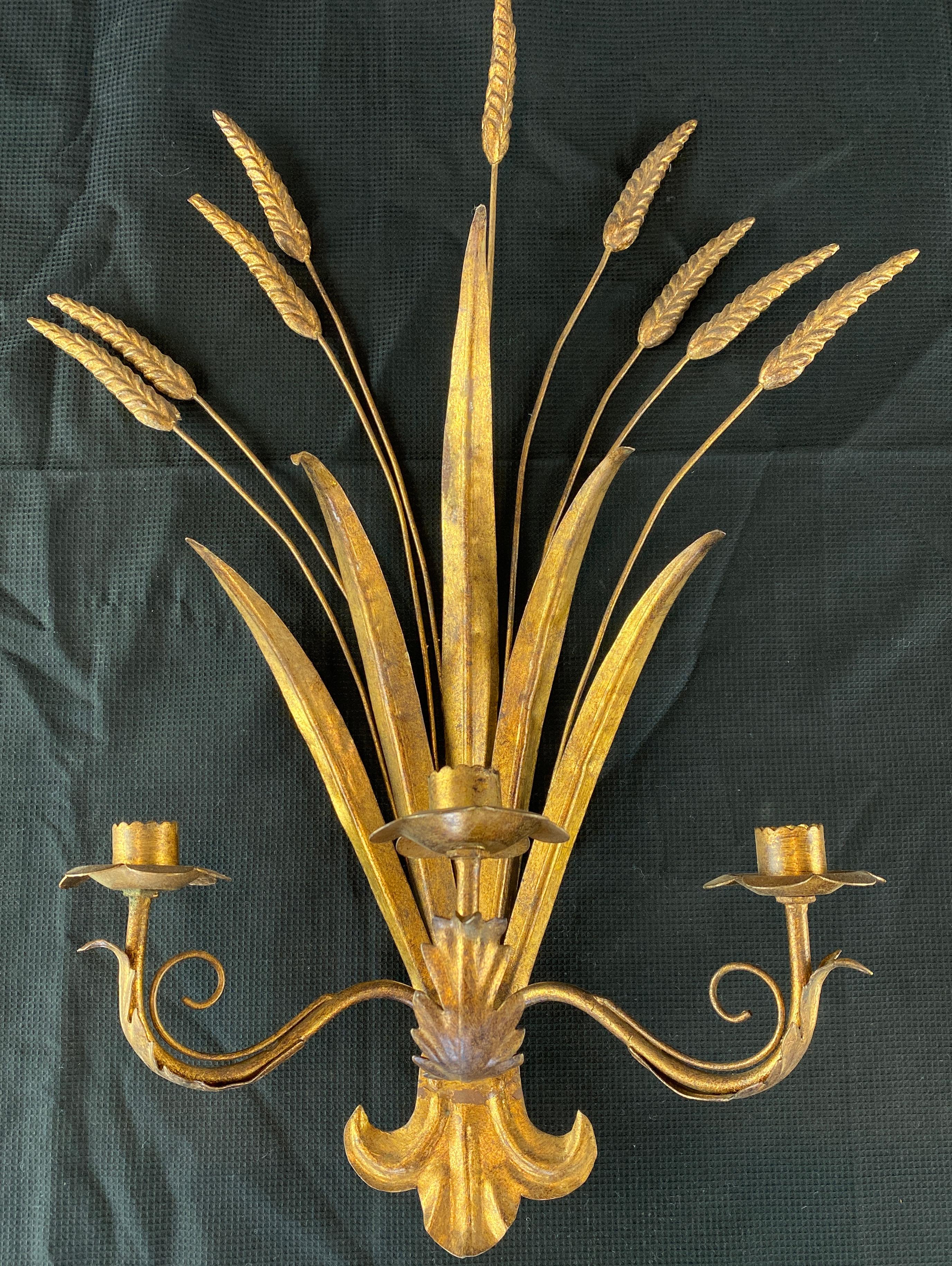 Pair of Gilt Toleware Wheat Sheaf Wall Sconce 4
