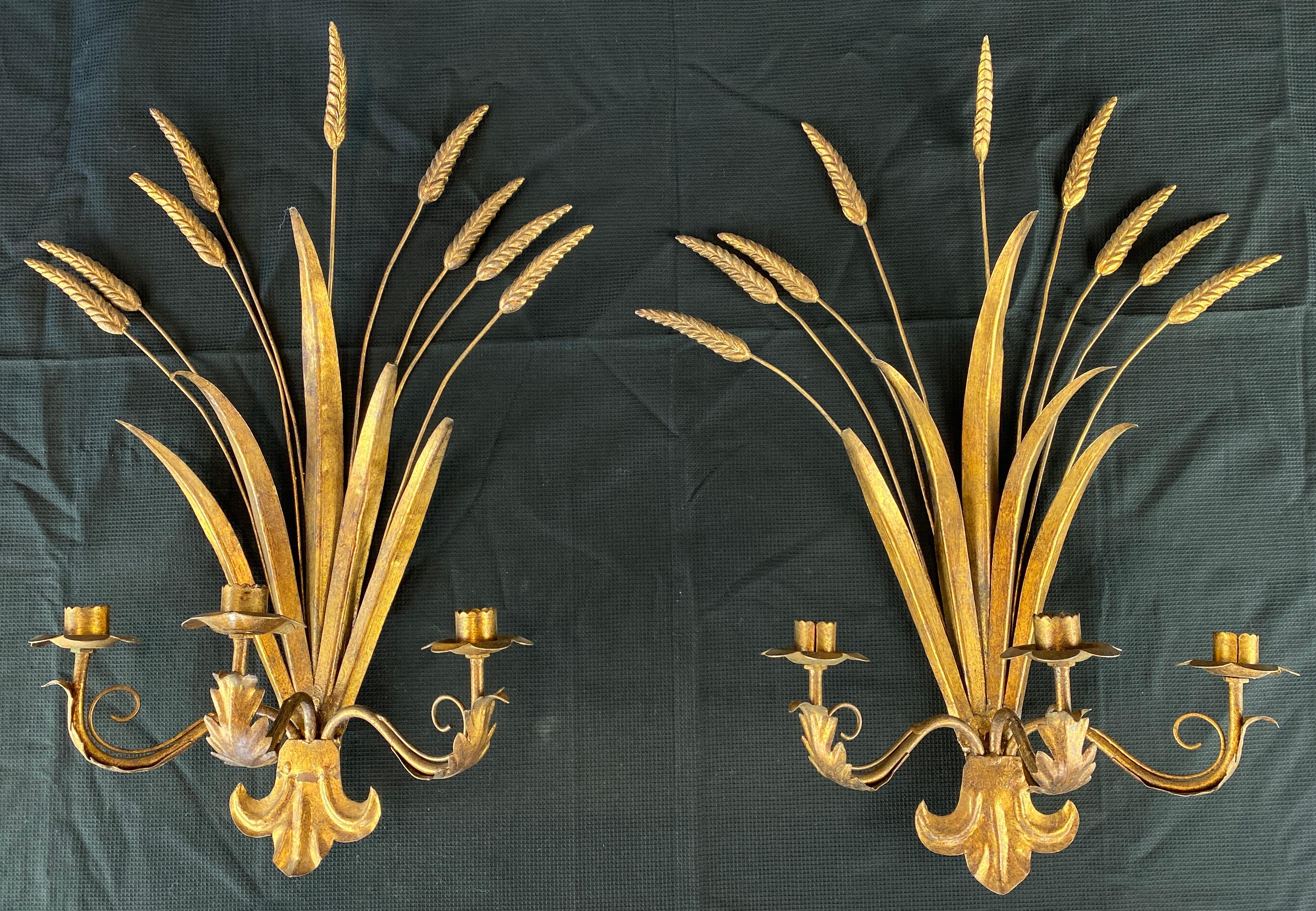 A beautiful pair of gilt toleware wheat sheaf wall sconces.
Both will hold three candles each, and each has nine ears of wheat
Circa 1950s, unmarked but most likely French or Italian.