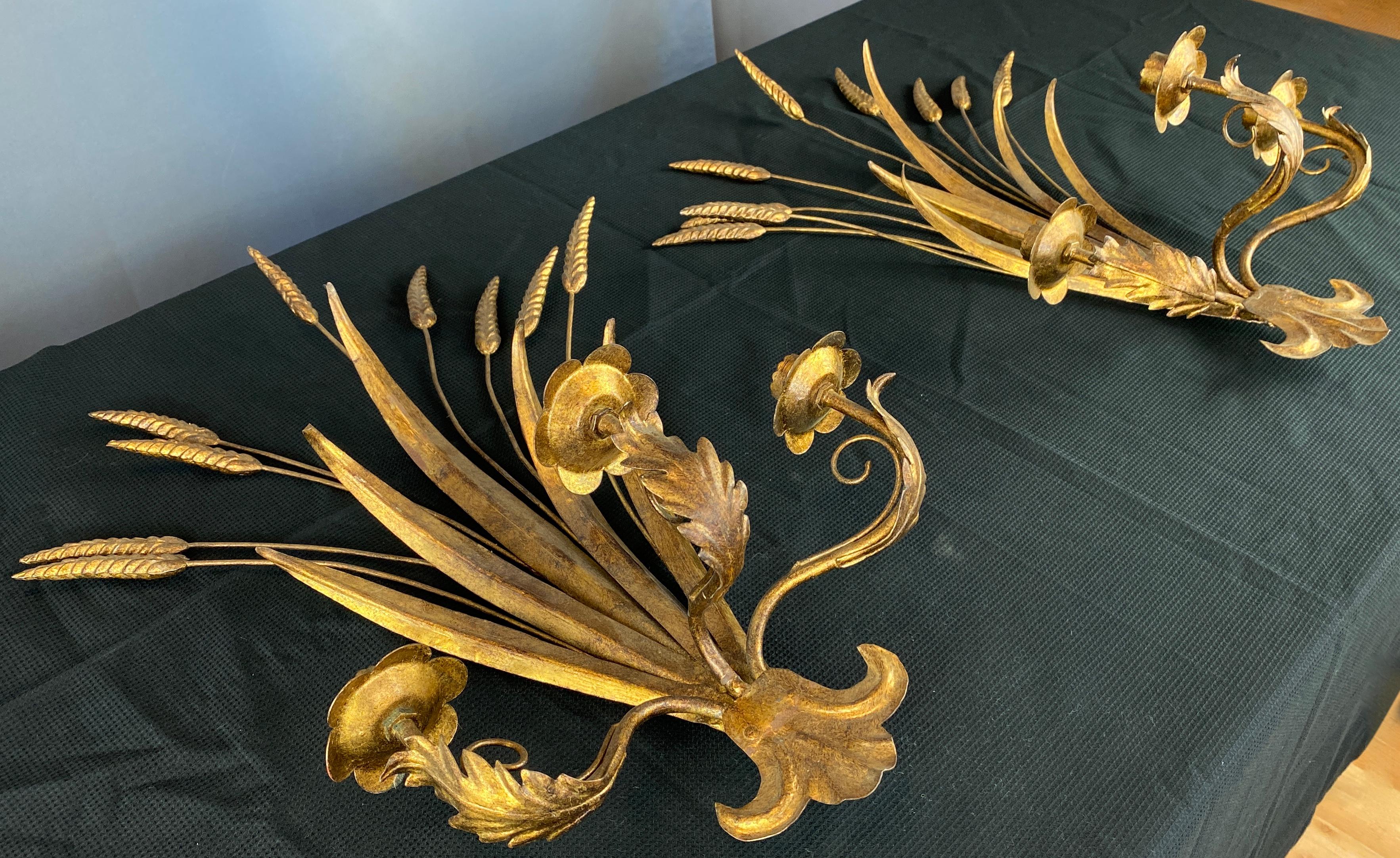 Hollywood Regency Pair of Gilt Toleware Wheat Sheaf Wall Sconce
