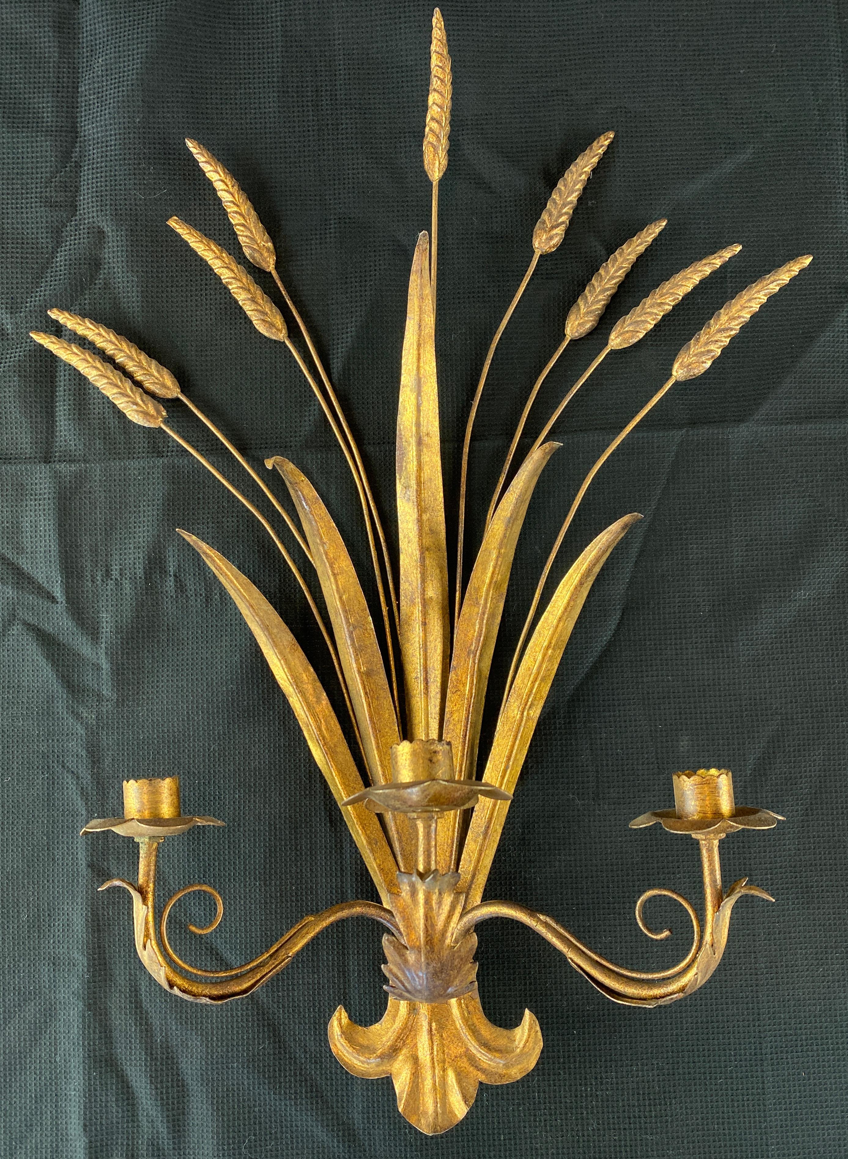 Pair of Gilt Toleware Wheat Sheaf Wall Sconce In Good Condition In San Francisco, CA