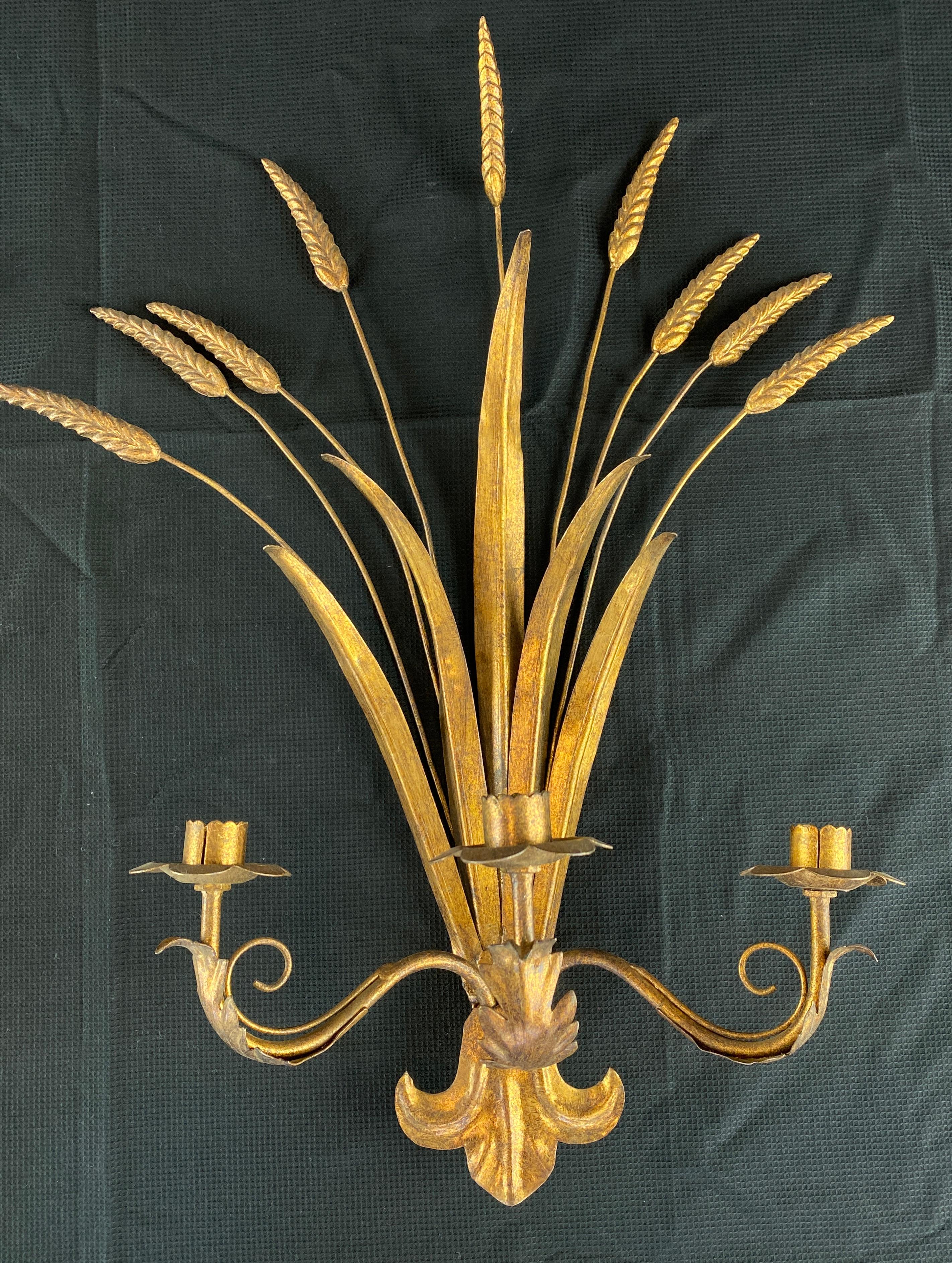 Mid-20th Century Pair of Gilt Toleware Wheat Sheaf Wall Sconce