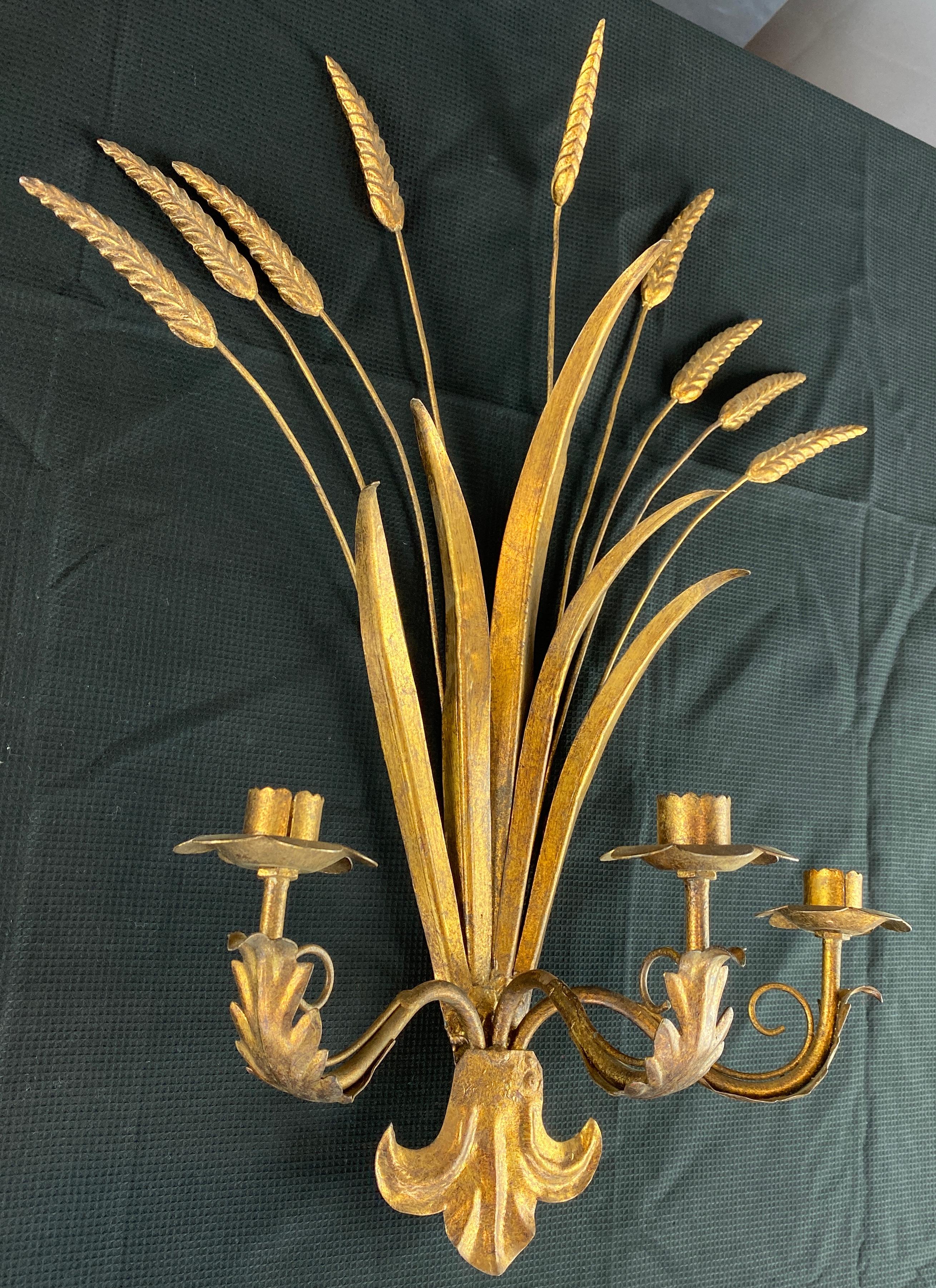 Metal Pair of Gilt Toleware Wheat Sheaf Wall Sconce
