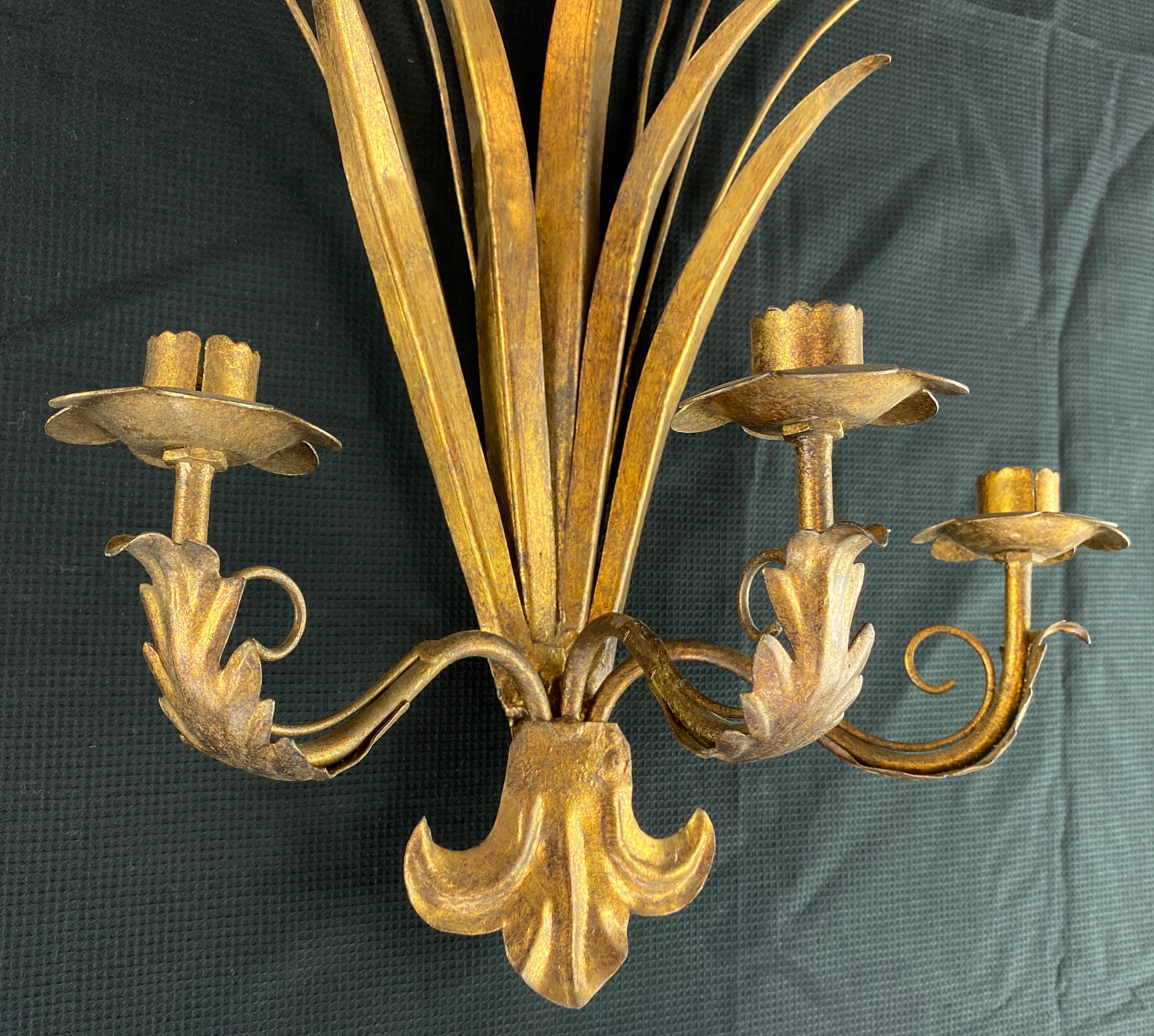 Pair of Gilt Toleware Wheat Sheaf Wall Sconce 1