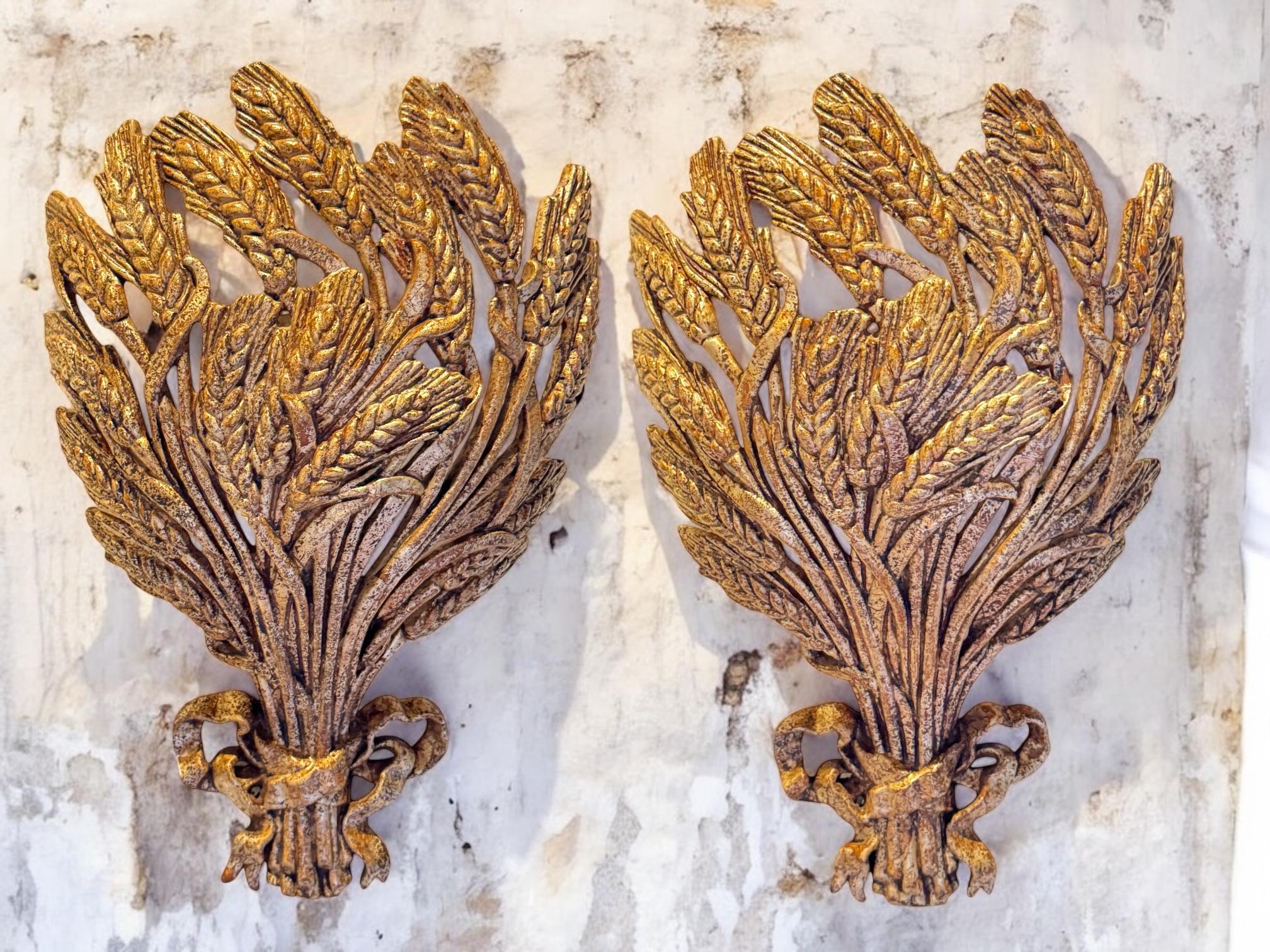 Pair Gilt Wheat Sheaf Sconces Tole Hollywood Regency Vintage Italy 1980s 4