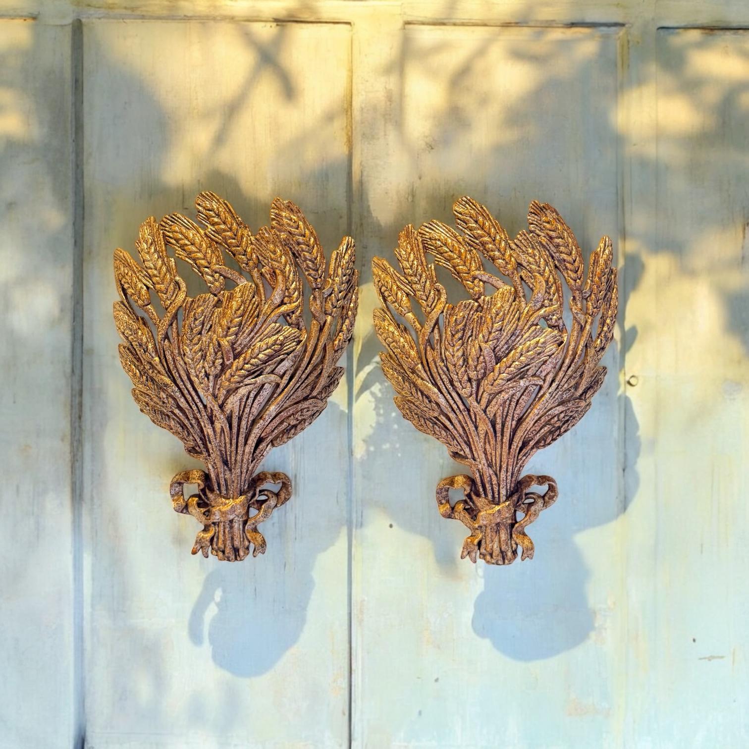 Pair Gilt Wheat Sheaf Sconces Tole Hollywood Regency Vintage Italy 1980s 5