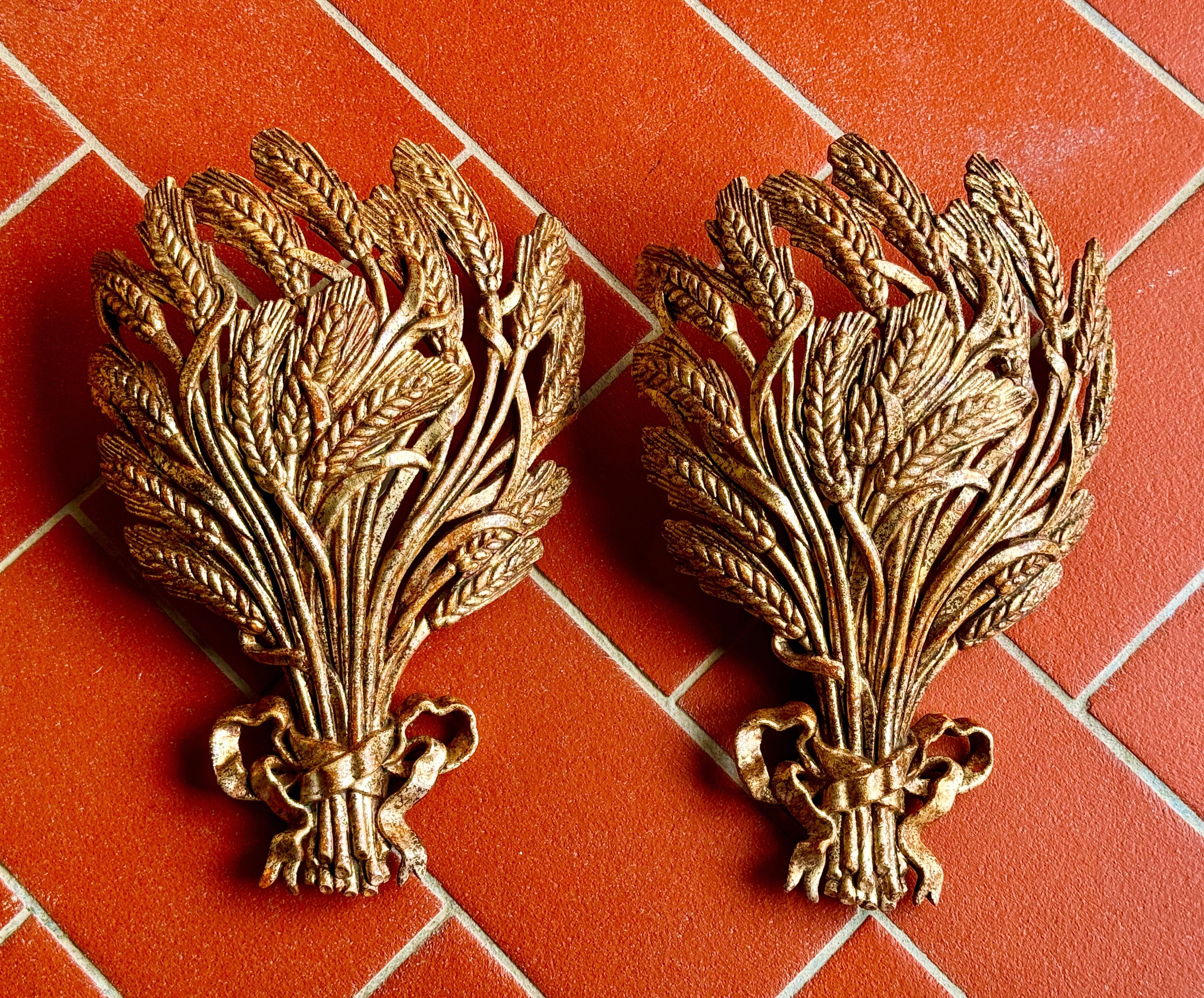 Pair Gilt Wheat Sheaf Sconces Tole Hollywood Regency Vintage Italy 1980s 6