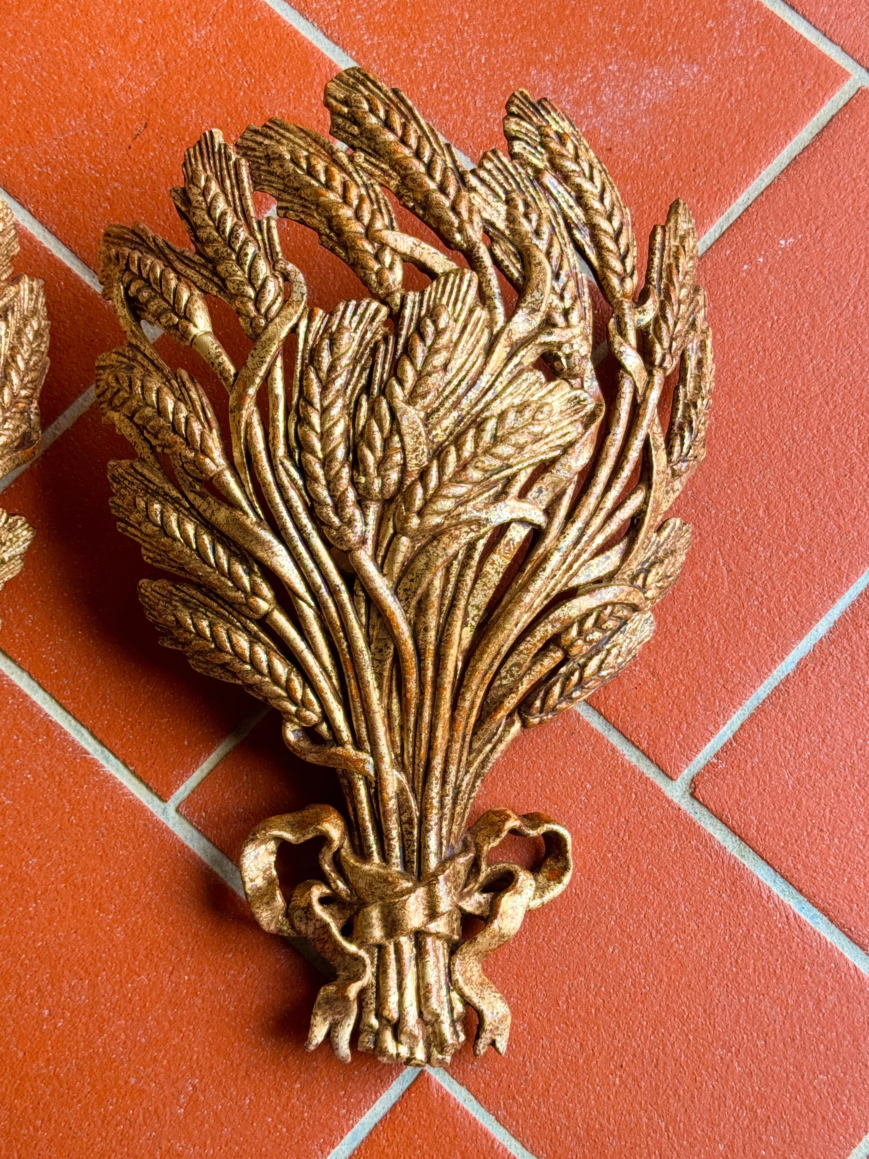 Pair Gilt Wheat Sheaf Sconces Tole Hollywood Regency Vintage Italy 1980s 8