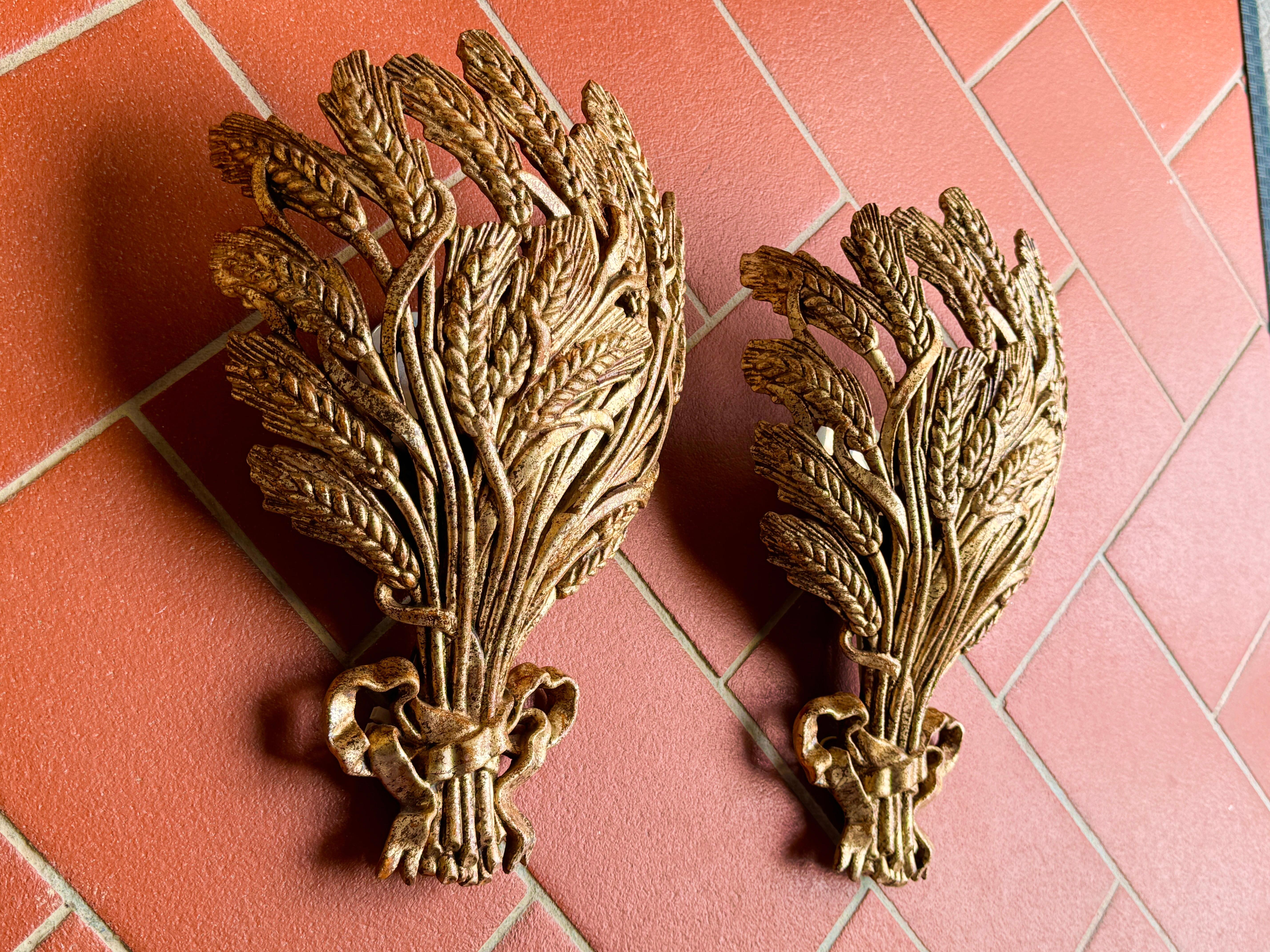 Pair Gilt Wheat Sheaf Sconces Tole Hollywood Regency Vintage Italy 1980s 9