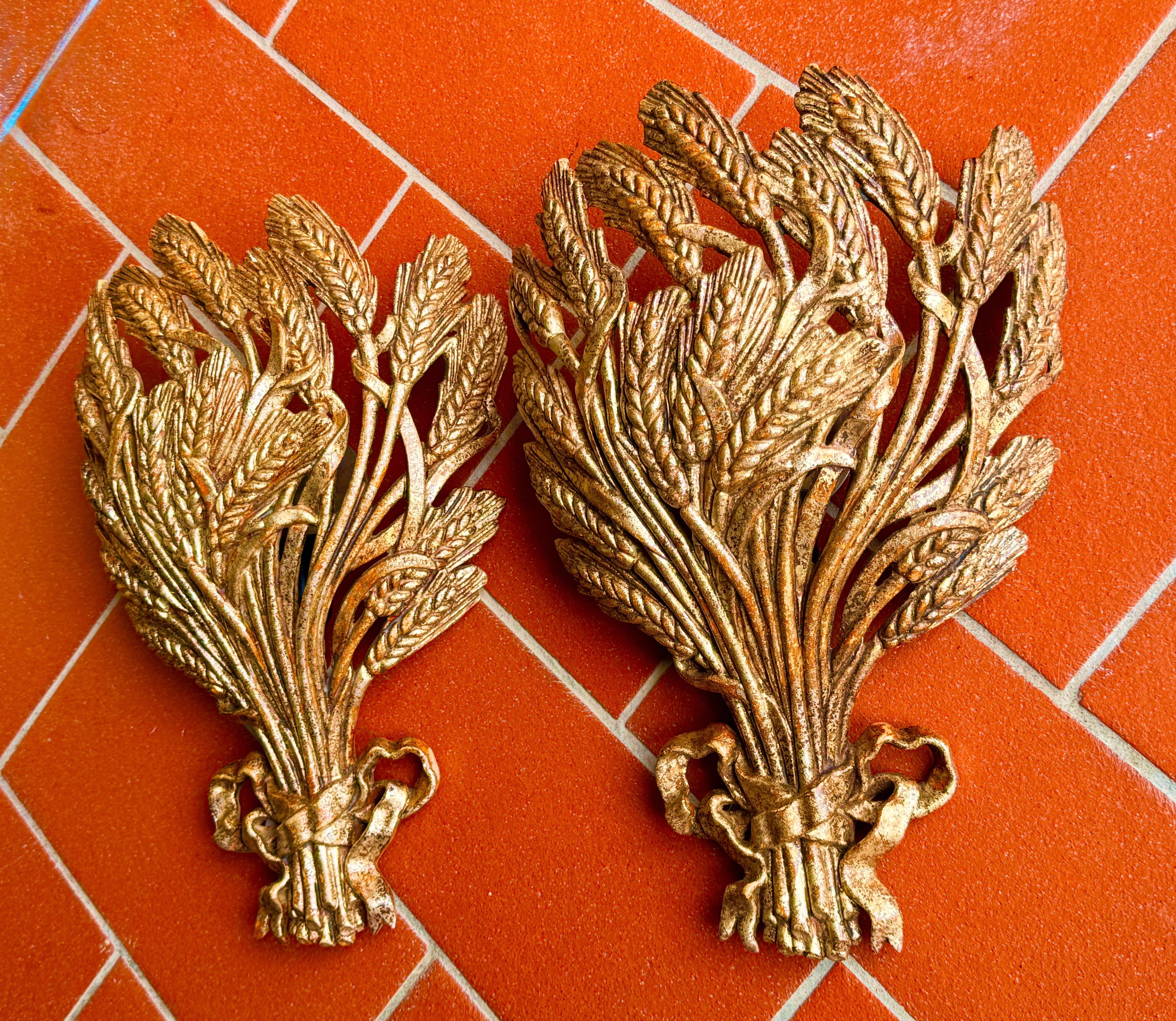 Pair Gilt Wheat Sheaf Sconces Tole Hollywood Regency Vintage Italy 1980s 10