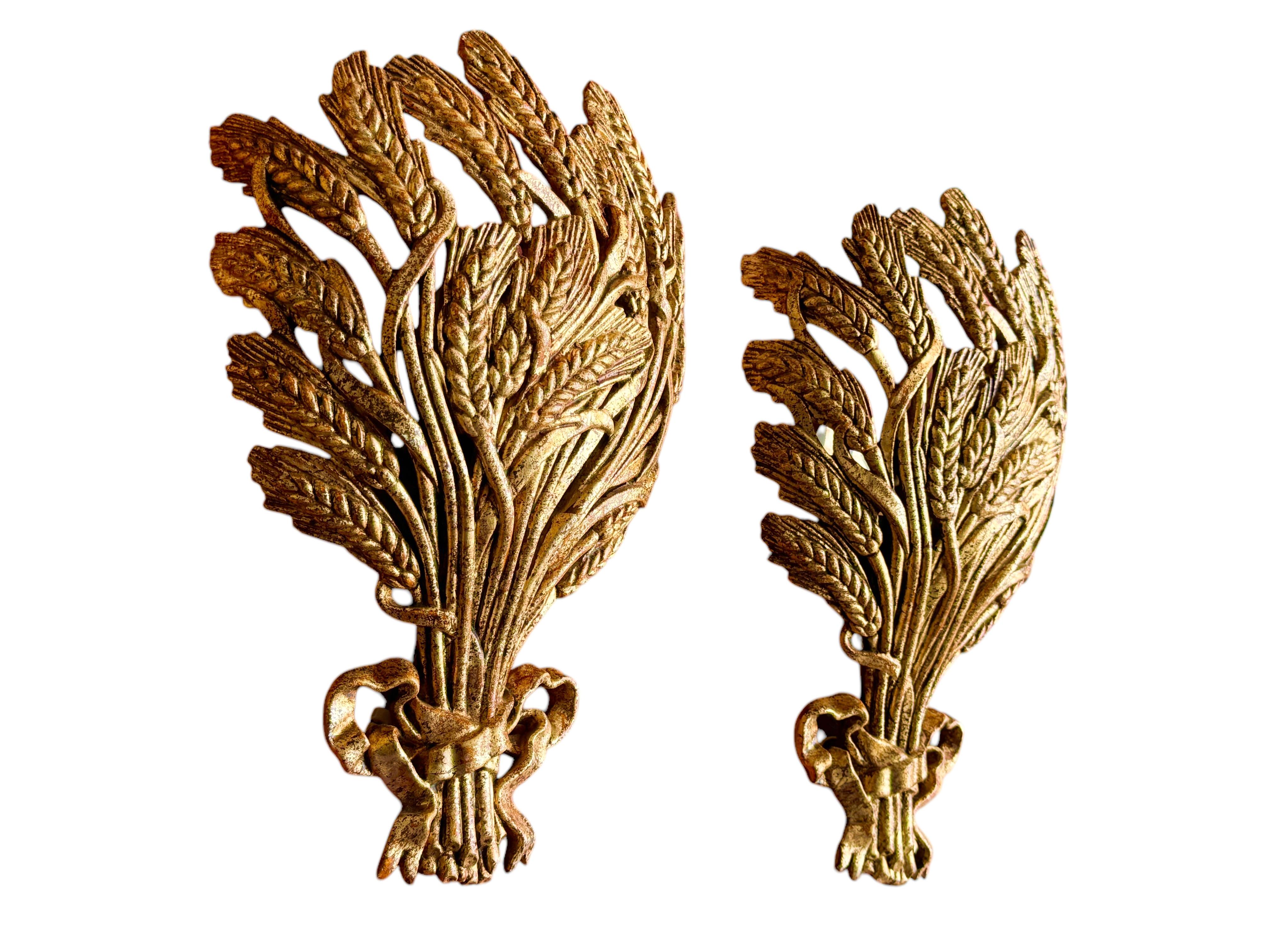 Italian Pair Gilt Wheat Sheaf Sconces Tole Hollywood Regency Vintage Italy 1980s