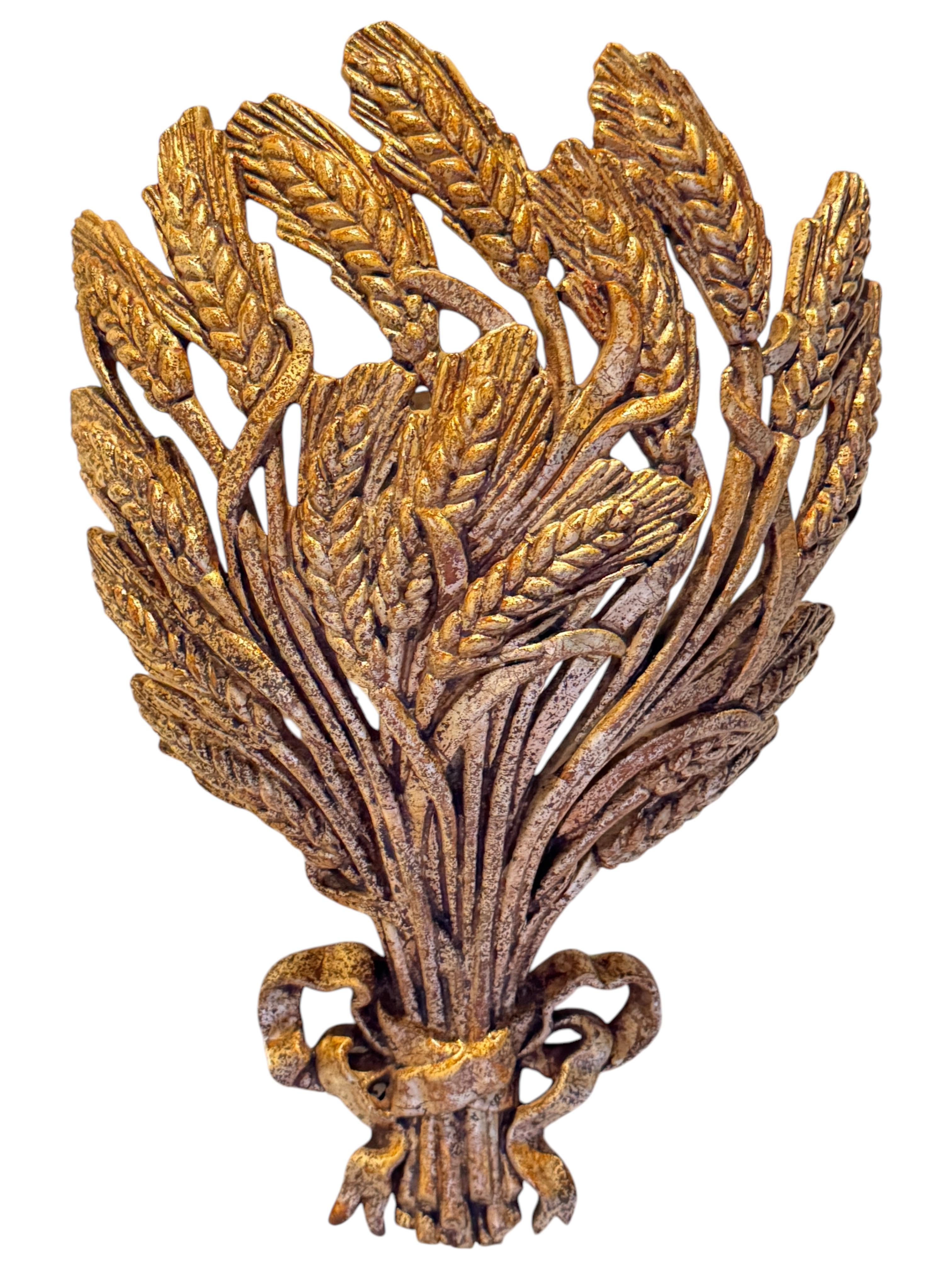 Late 20th Century Pair Gilt Wheat Sheaf Sconces Tole Hollywood Regency Vintage Italy 1980s