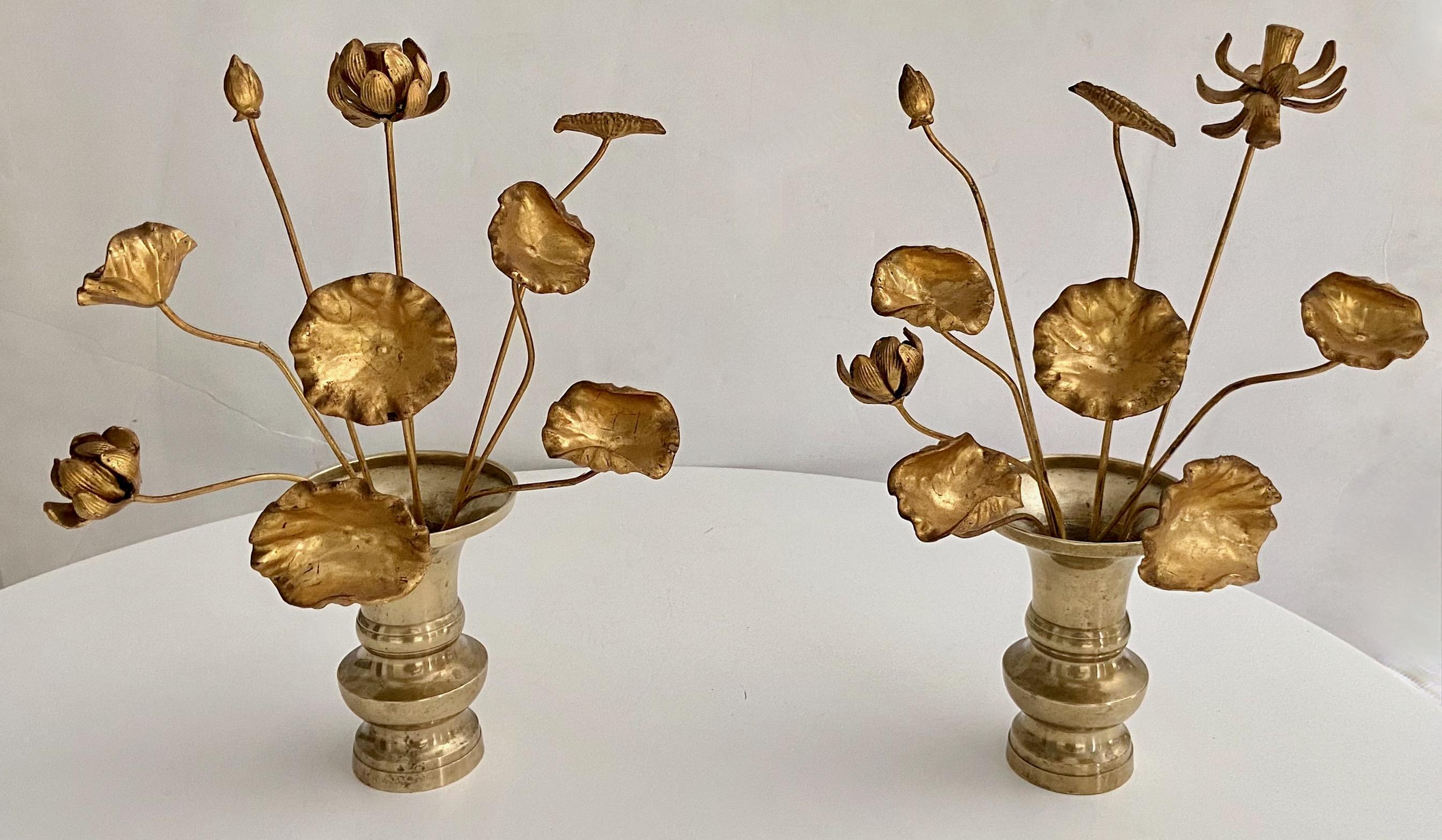 A pair of beautifully intricately hand carved lacquered and 23K giltwood altar flowers displayed in bronze vases. Late Meiji Period. Lotus leaves and flowers of this type were placed in bronze vases as ritual offerings in place of real flowers and