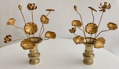Pair Giltwood Buddhist Altar Lotus Flowers & Vases
