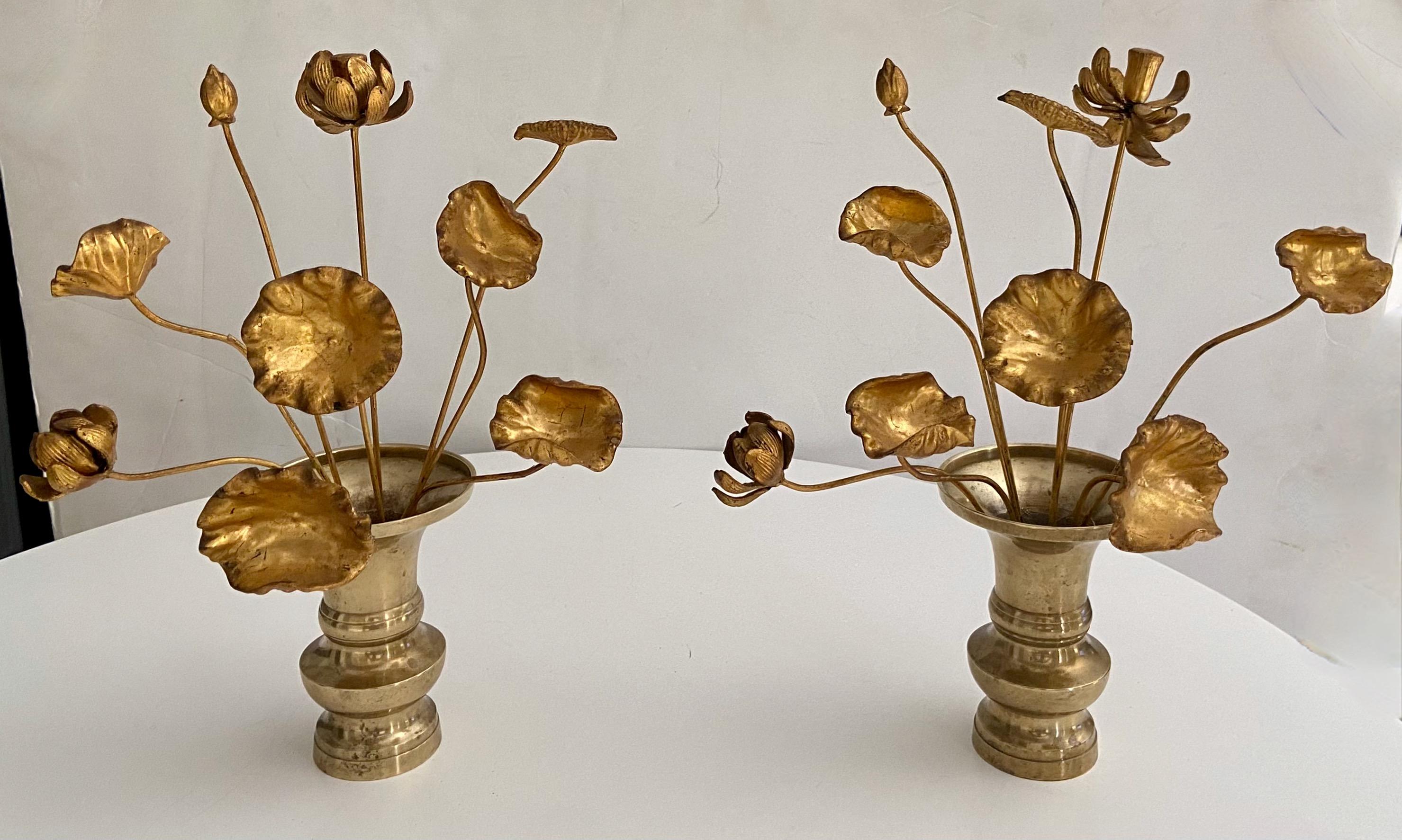 Pair Giltwood Buddhist Altar Lotus Flowers & Vases In Good Condition For Sale In Palm Springs, CA