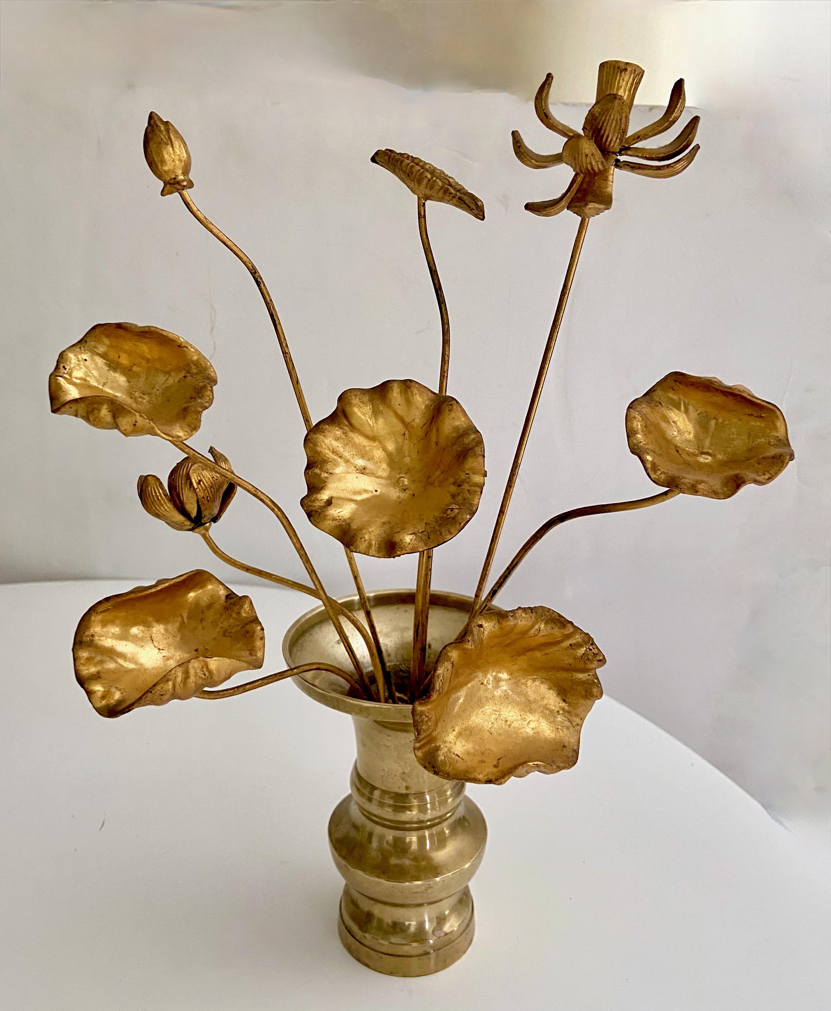 Bronze Pair Giltwood Buddhist Altar Lotus Flowers & Vases For Sale