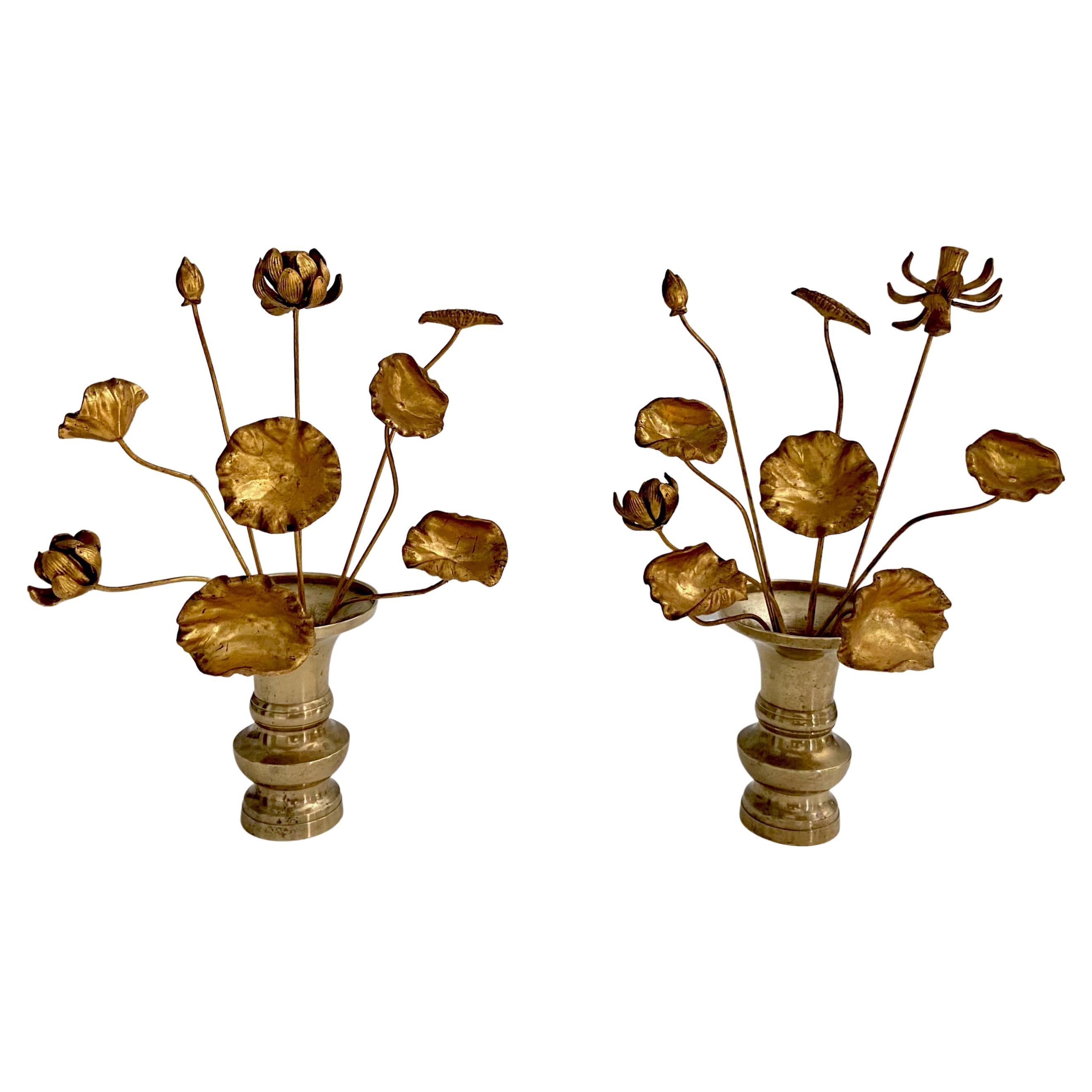 Pair Giltwood Buddhist Altar Lotus Flowers & Vases For Sale