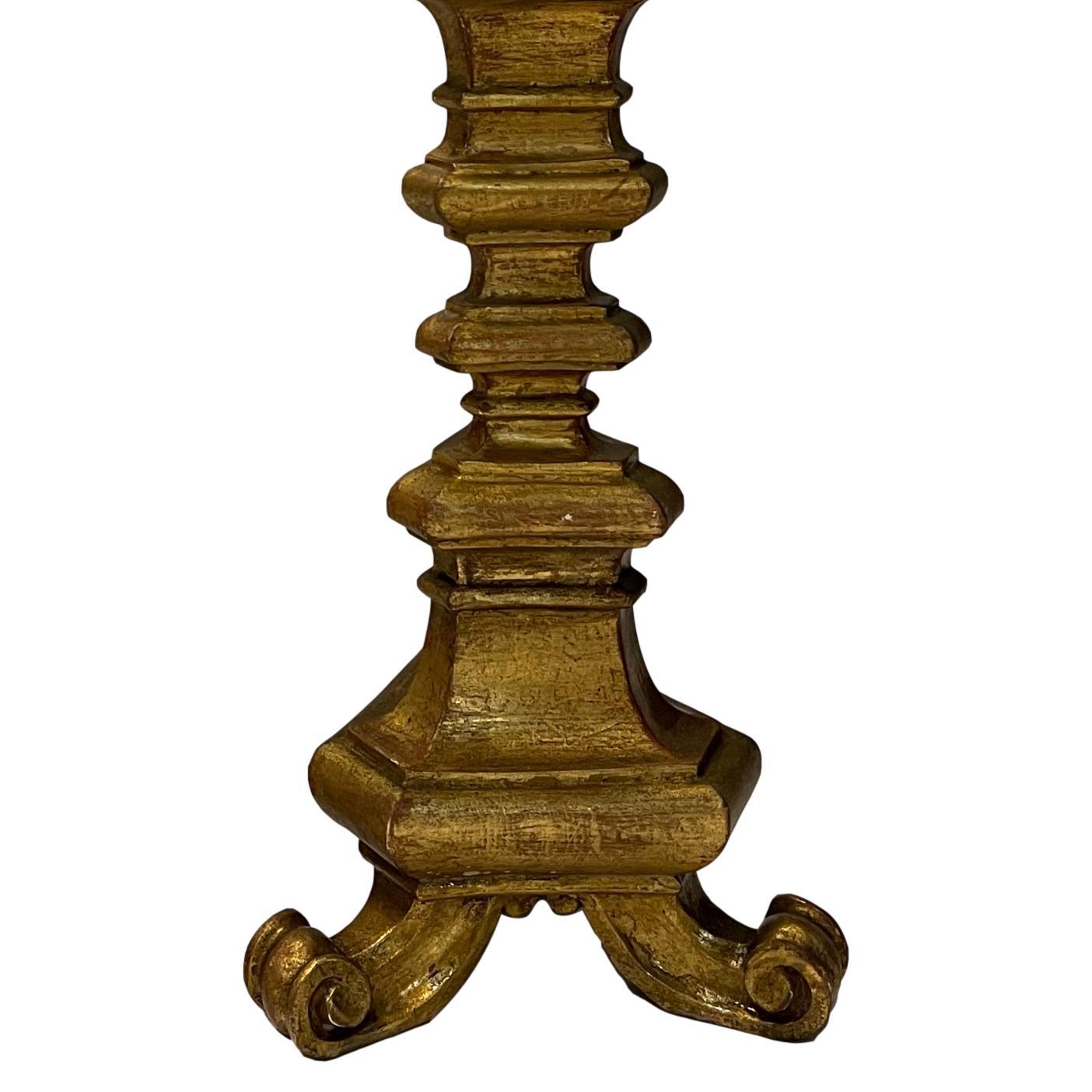 Carved Pair of Giltwood Candlestick Lamps For Sale