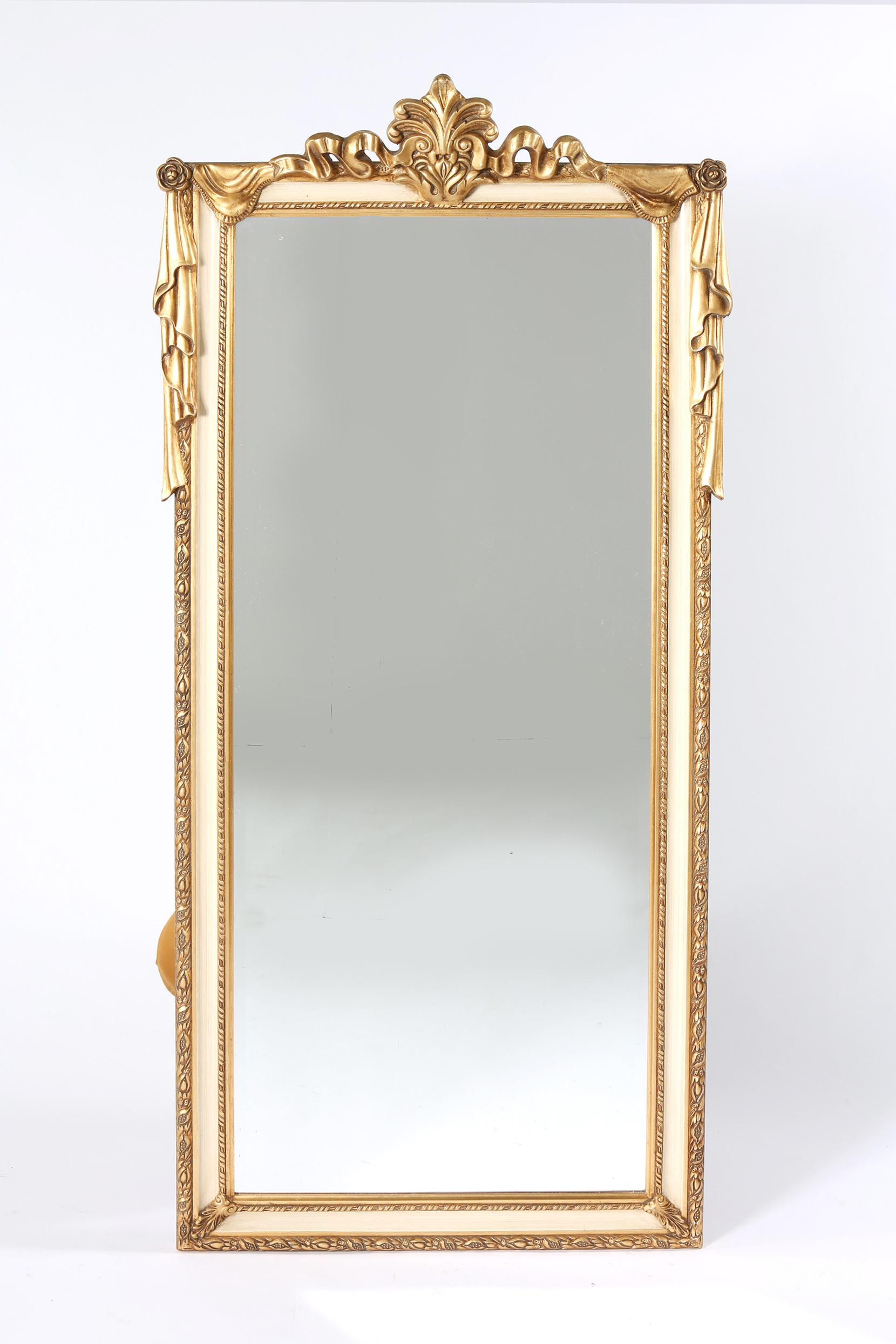 Mid-20th century pair giltwood framed beveled hanging wall mirror with top design details. Each wall mirror is in great condition with minor wear consistent with age / use. The mirror stand about 62.5 high x 25.5 inches wide.