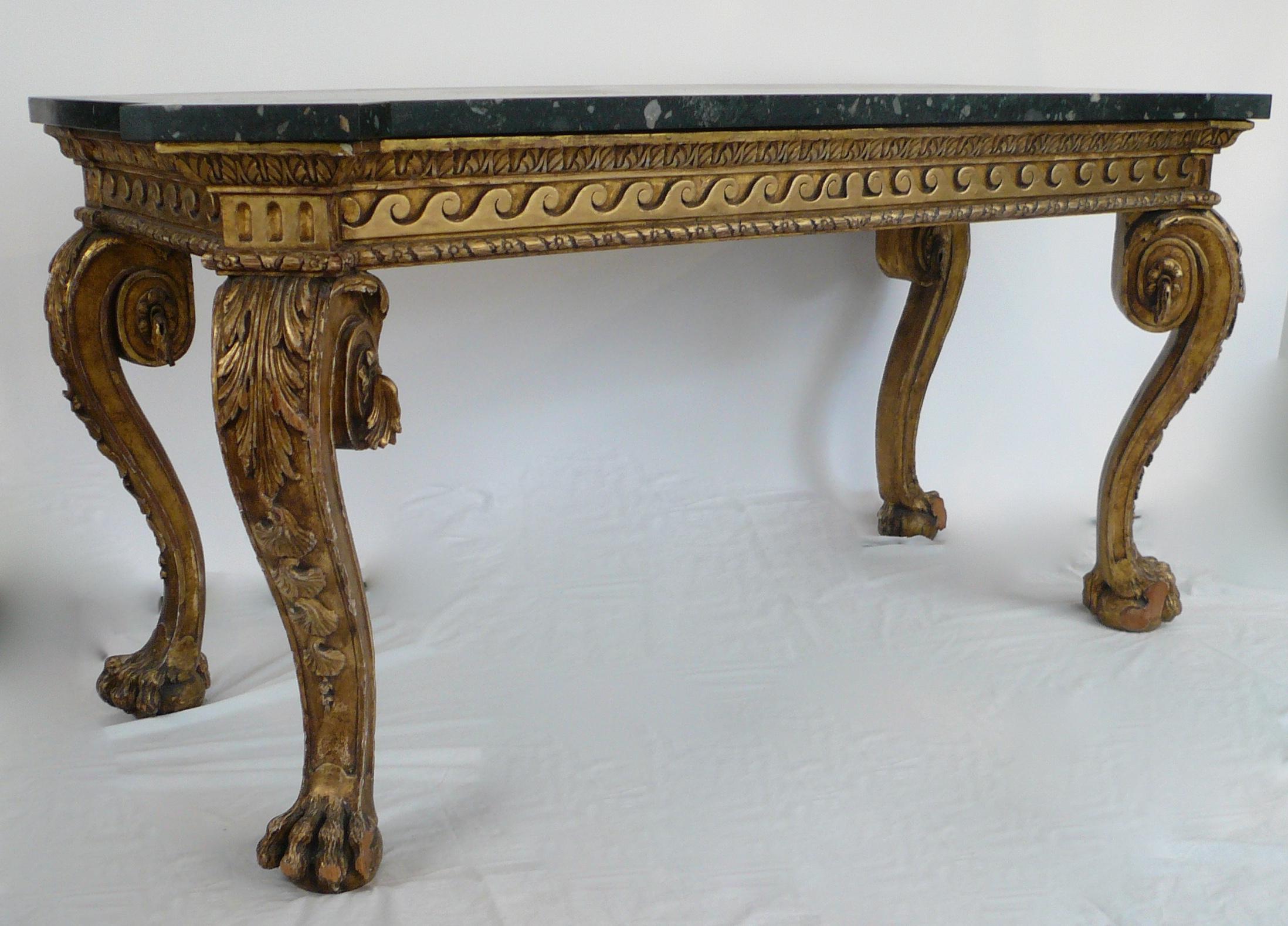 Pair of Giltwood Marble-Top Console Tables in the Manner of William Kent 3