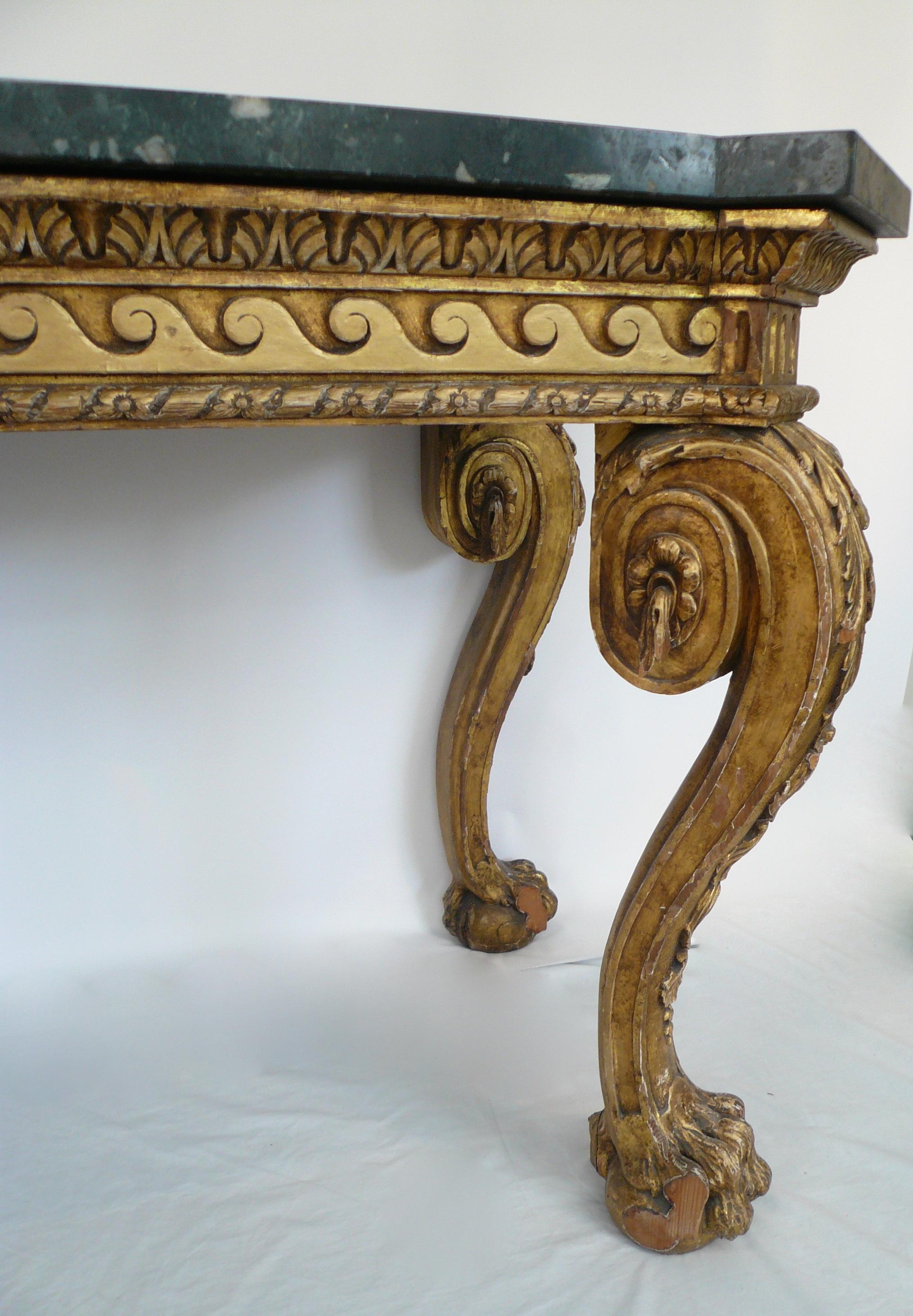 George II Pair of Giltwood Marble-Top Console Tables in the Manner of William Kent