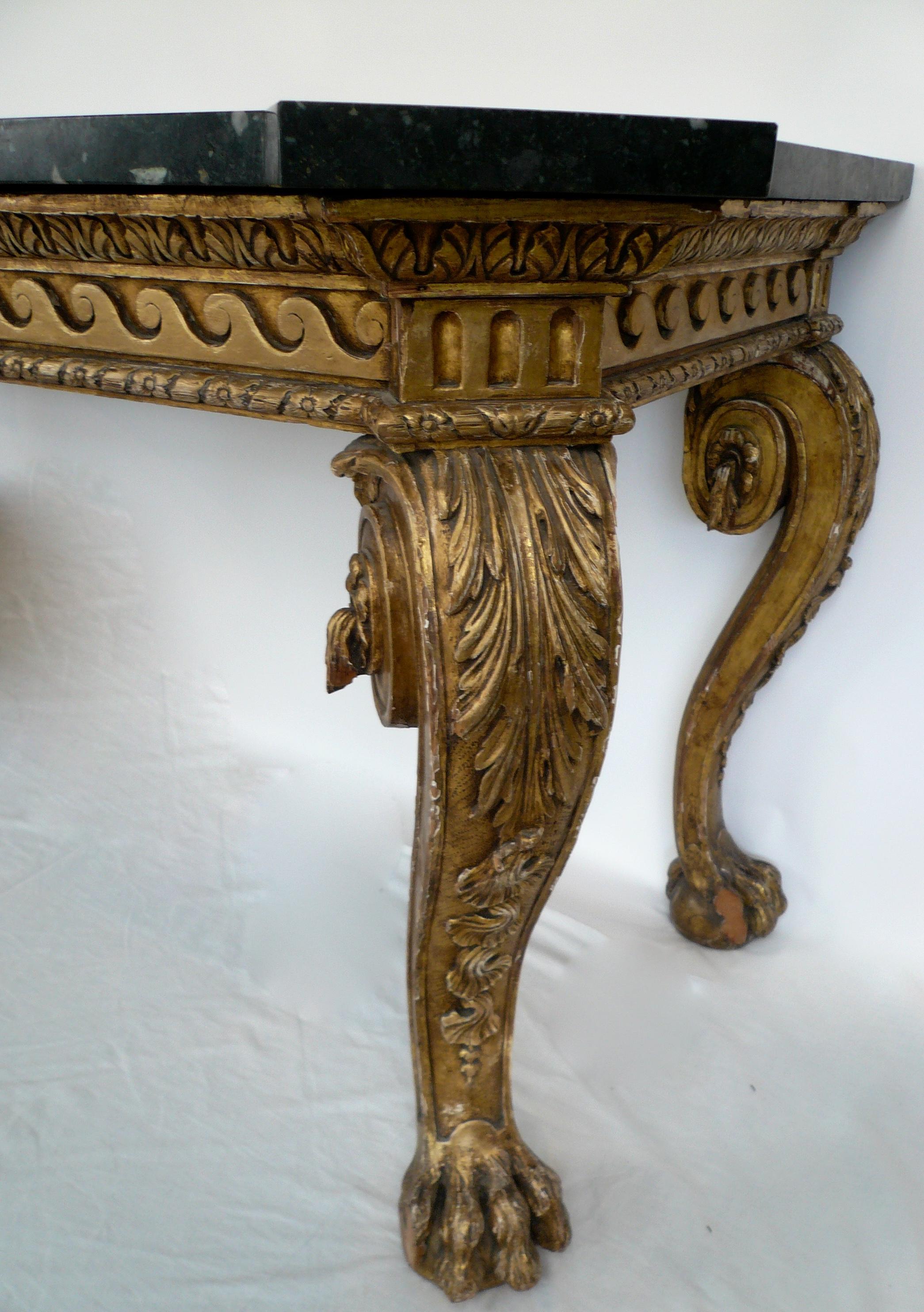 English Pair of Giltwood Marble-Top Console Tables in the Manner of William Kent