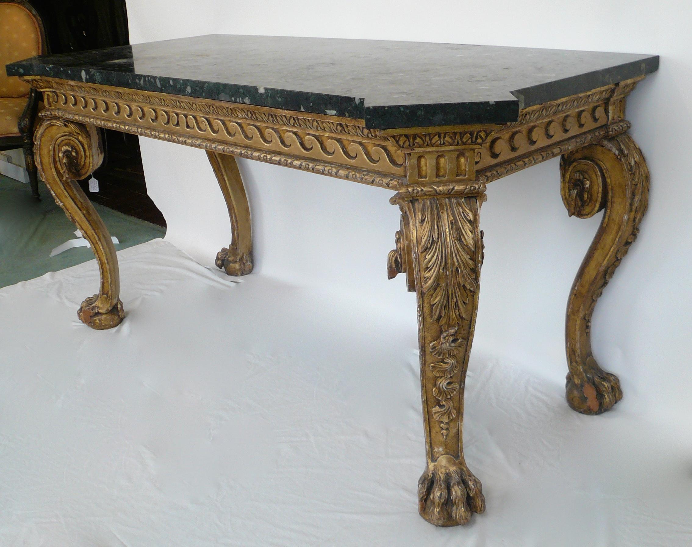 Hand-Carved Pair of Giltwood Marble-Top Console Tables in the Manner of William Kent