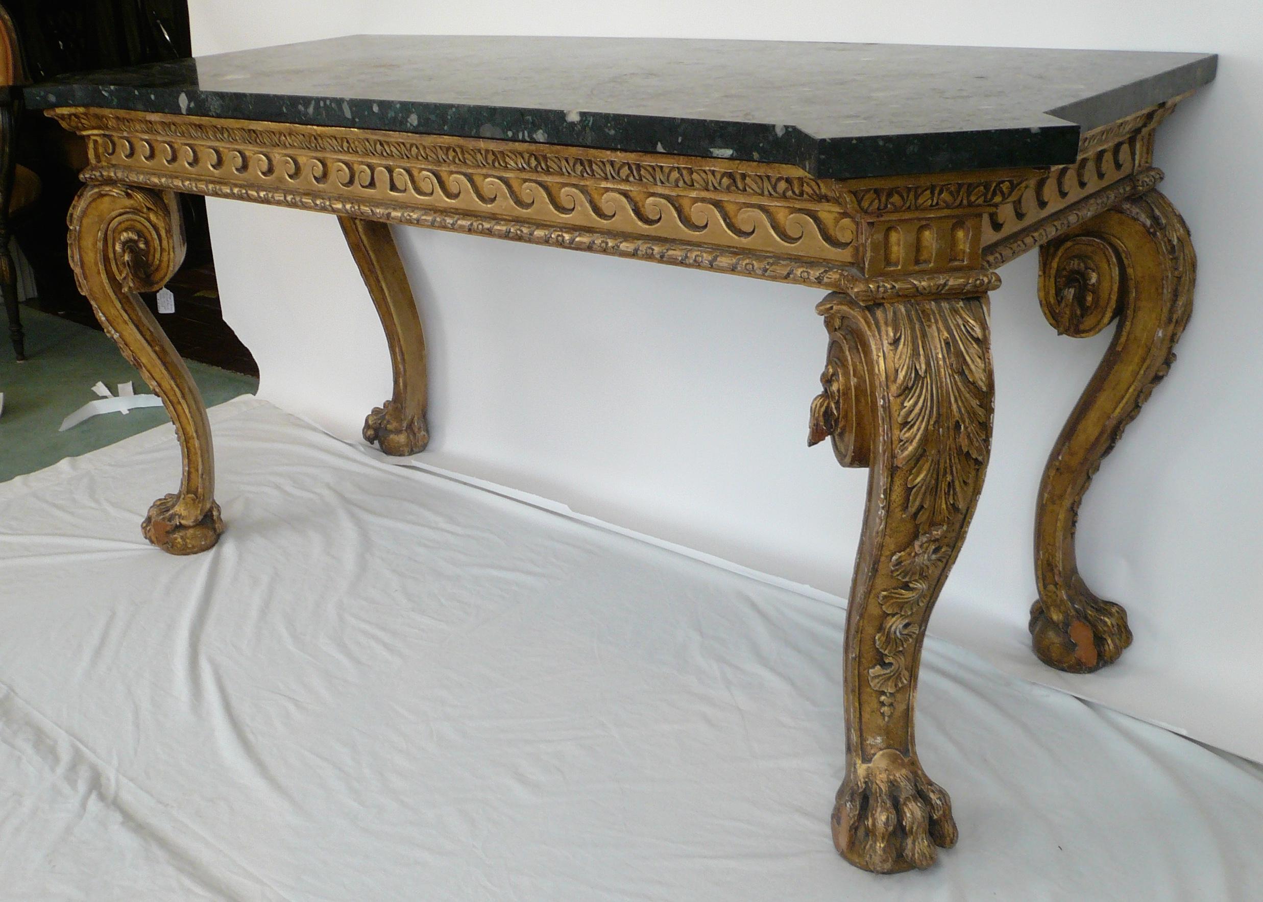 Pair of Giltwood Marble-Top Console Tables in the Manner of William Kent In Good Condition In Pittsburgh, PA