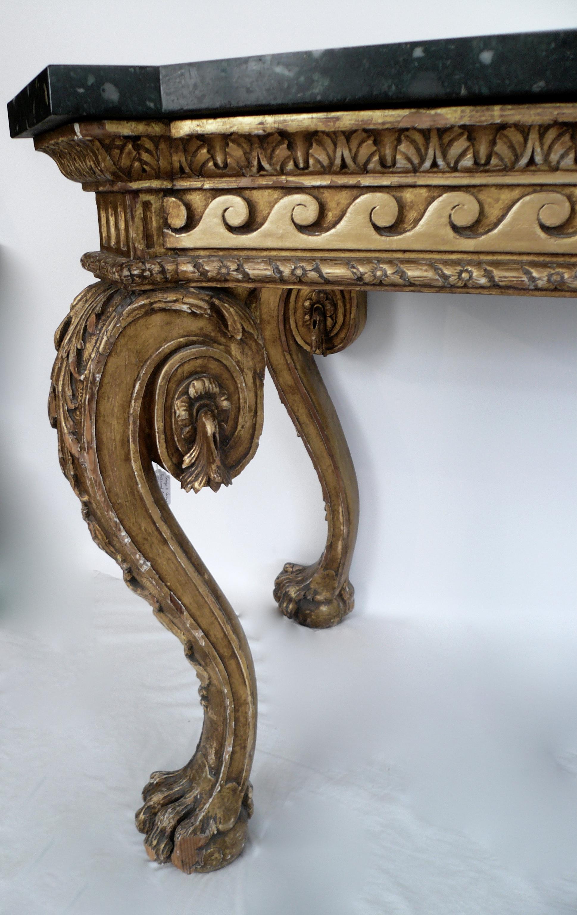 18th Century Pair of Giltwood Marble-Top Console Tables in the Manner of William Kent
