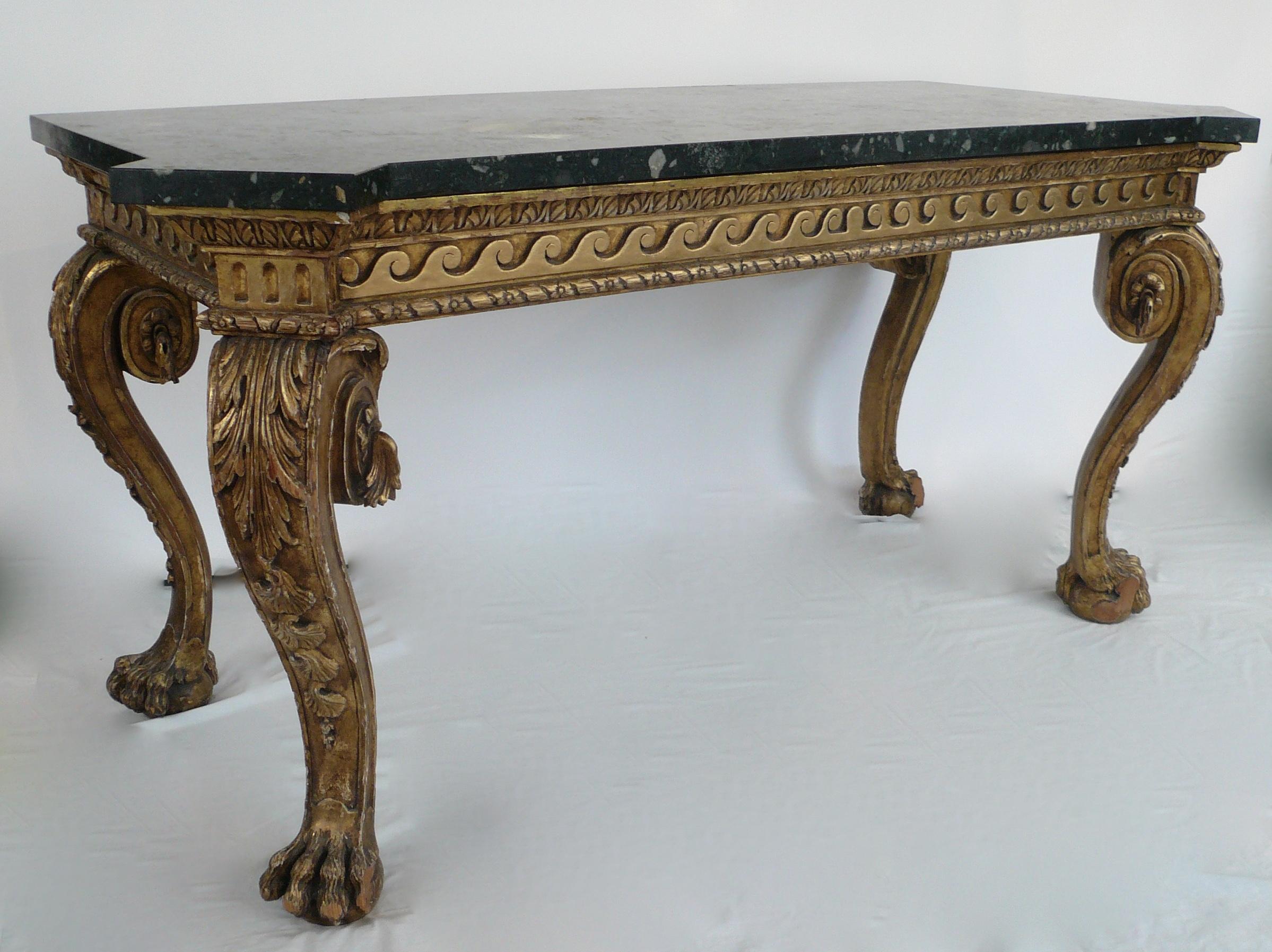 Pair of Giltwood Marble-Top Console Tables in the Manner of William Kent 2