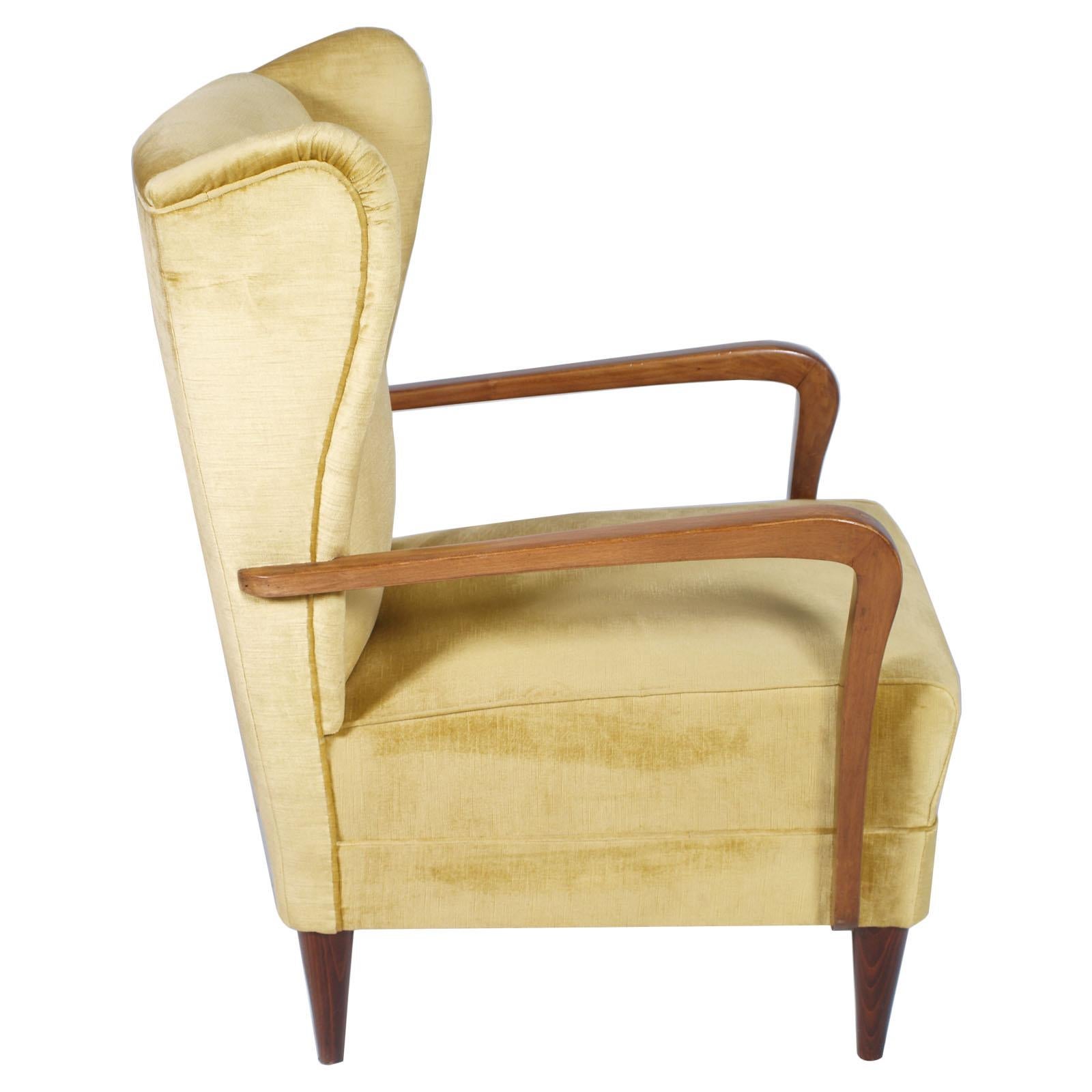 Mid-Century Modern Pair Gio Ponti 1930s Italian High Back Armchairs, Original Gold Yellow Velvet