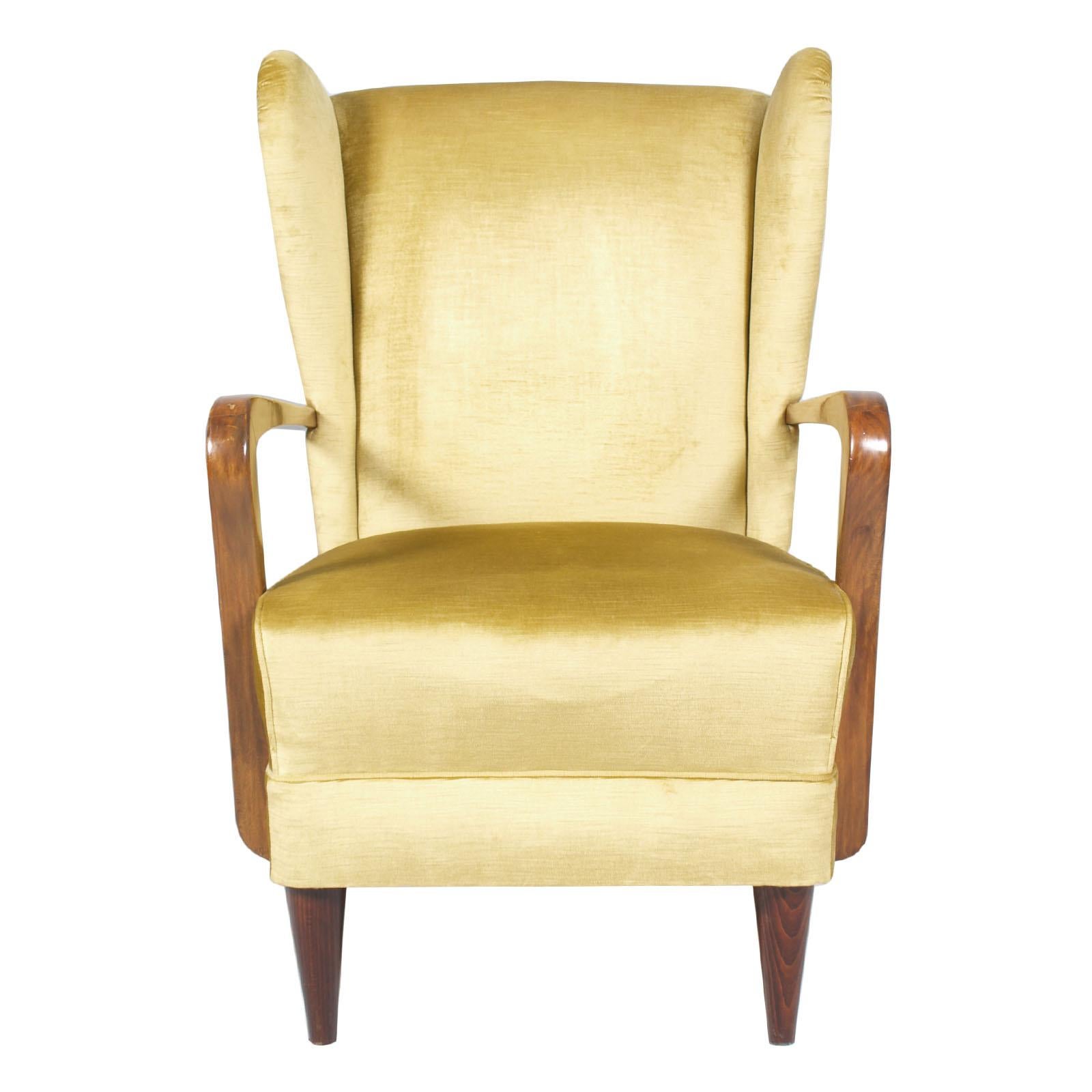 Pair Gio Ponti 1930s Italian High Back Armchairs, Original Gold Yellow Velvet 3