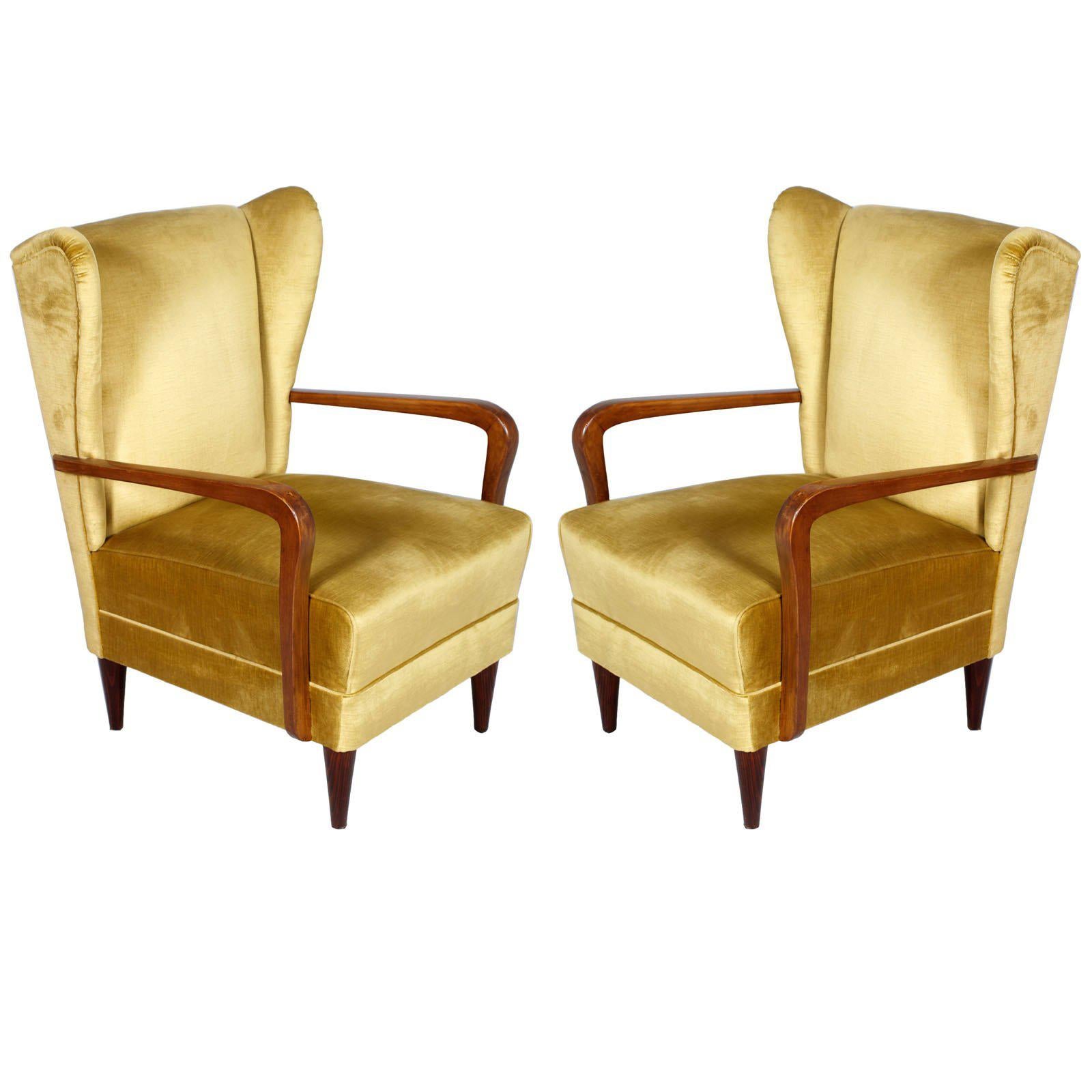 Pair Gio Ponti 1930s Italian High Back Armchairs, Original Gold Yellow Velvet