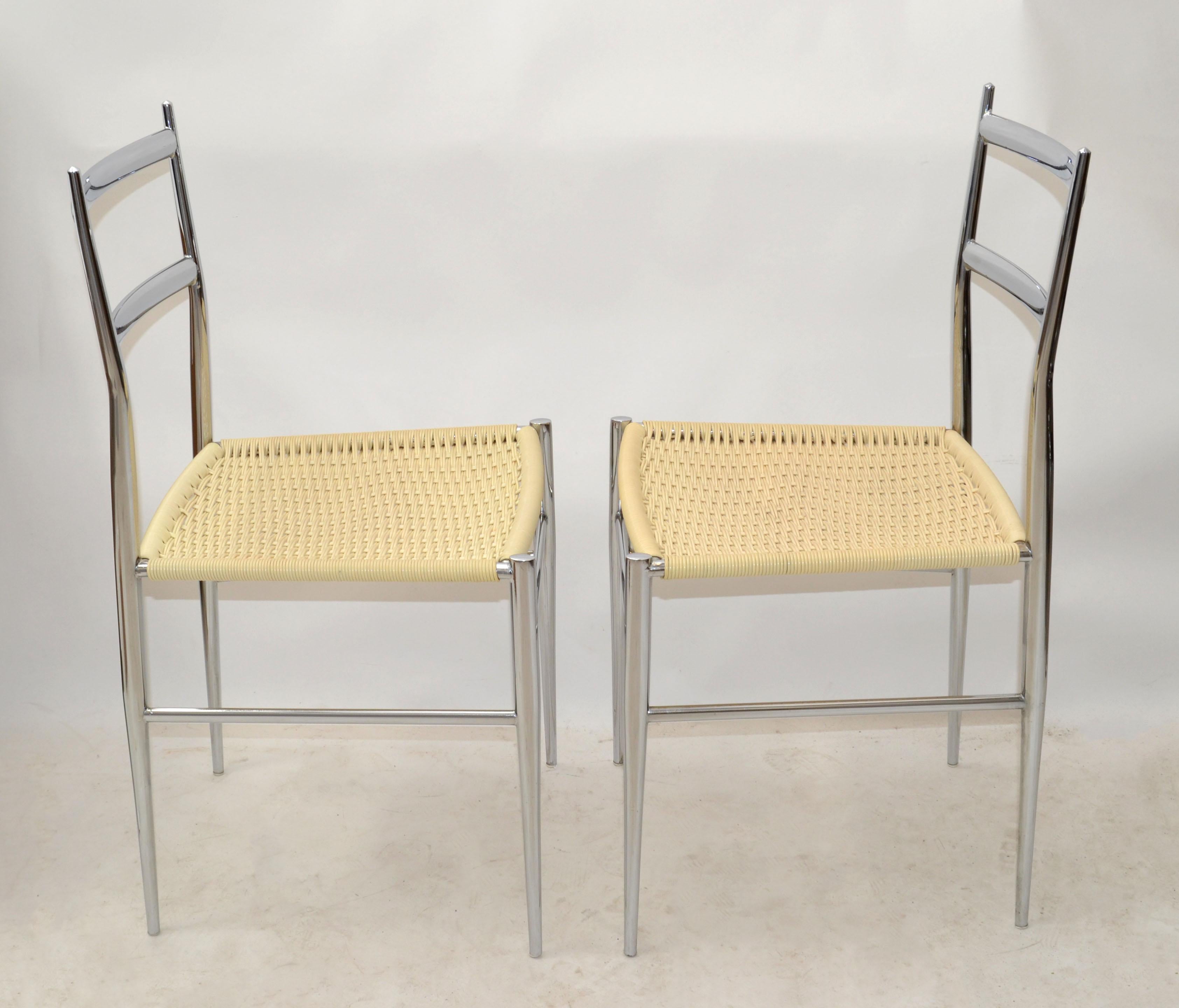 Mid-Century Modern Pair Gio Ponti Chrome & Handwoven Plastic Superleggera Chair Italy Midcentury For Sale