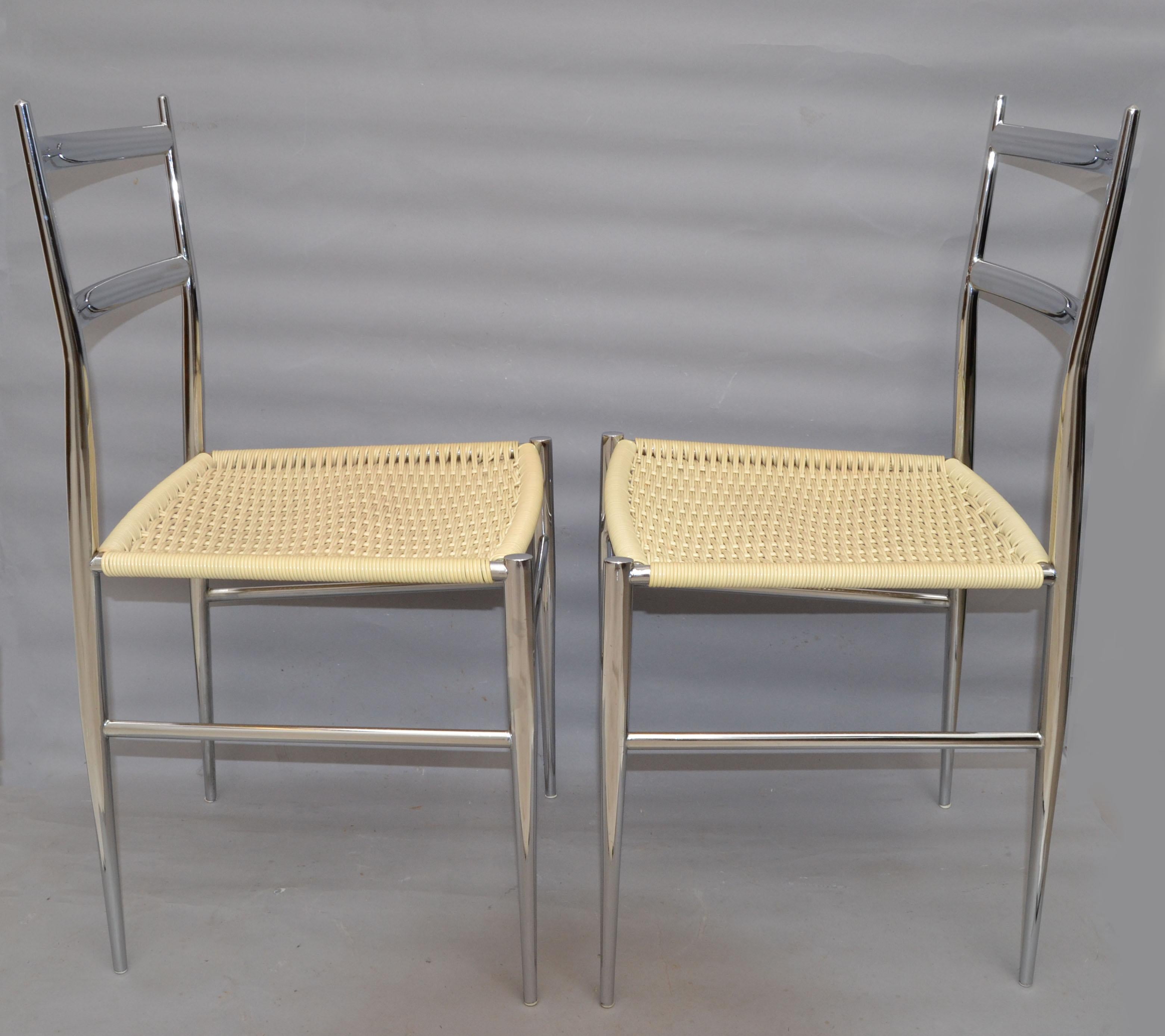 Pair Gio Ponti Chrome & Handwoven Plastic Superleggera Chair Italy Midcentury For Sale 1