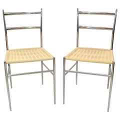 Pair Gio Ponti Chrome & Handwoven Plastic Superleggera Chair Italy Midcentury