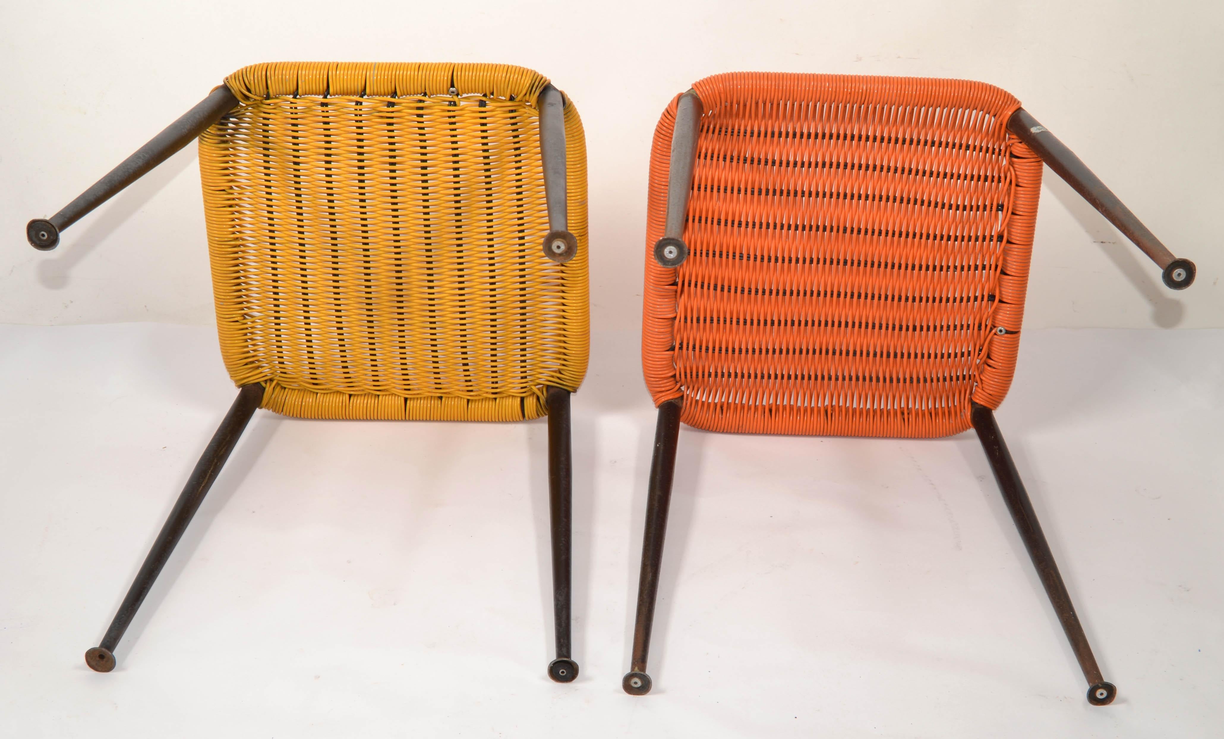 Pair Gio Ponti Style Steel & Handwoven Plastic Stools Italy Mid-Century Modern For Sale 4