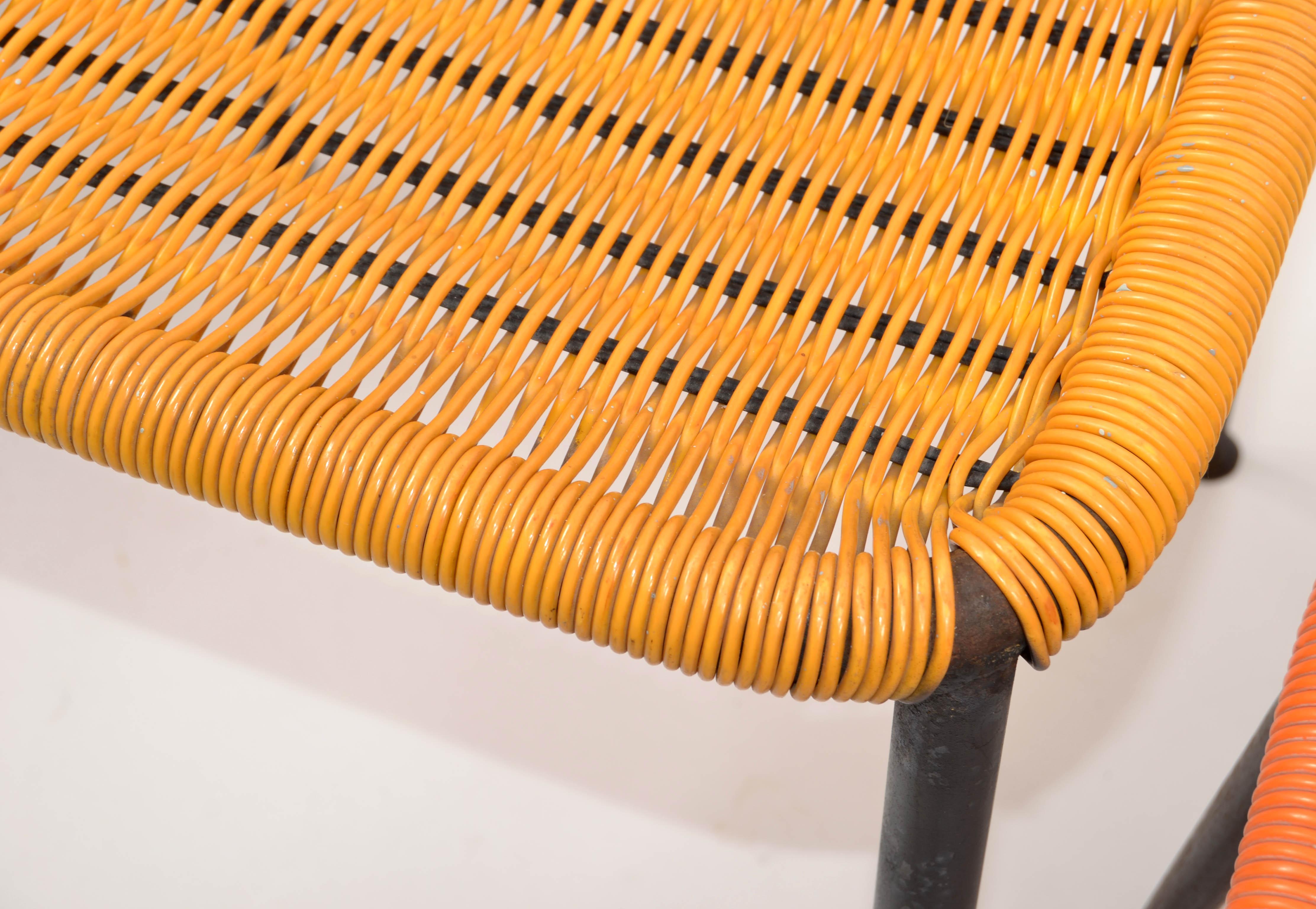 Pair Gio Ponti Style Steel & Handwoven Plastic Stools Italy Mid-Century Modern For Sale 5