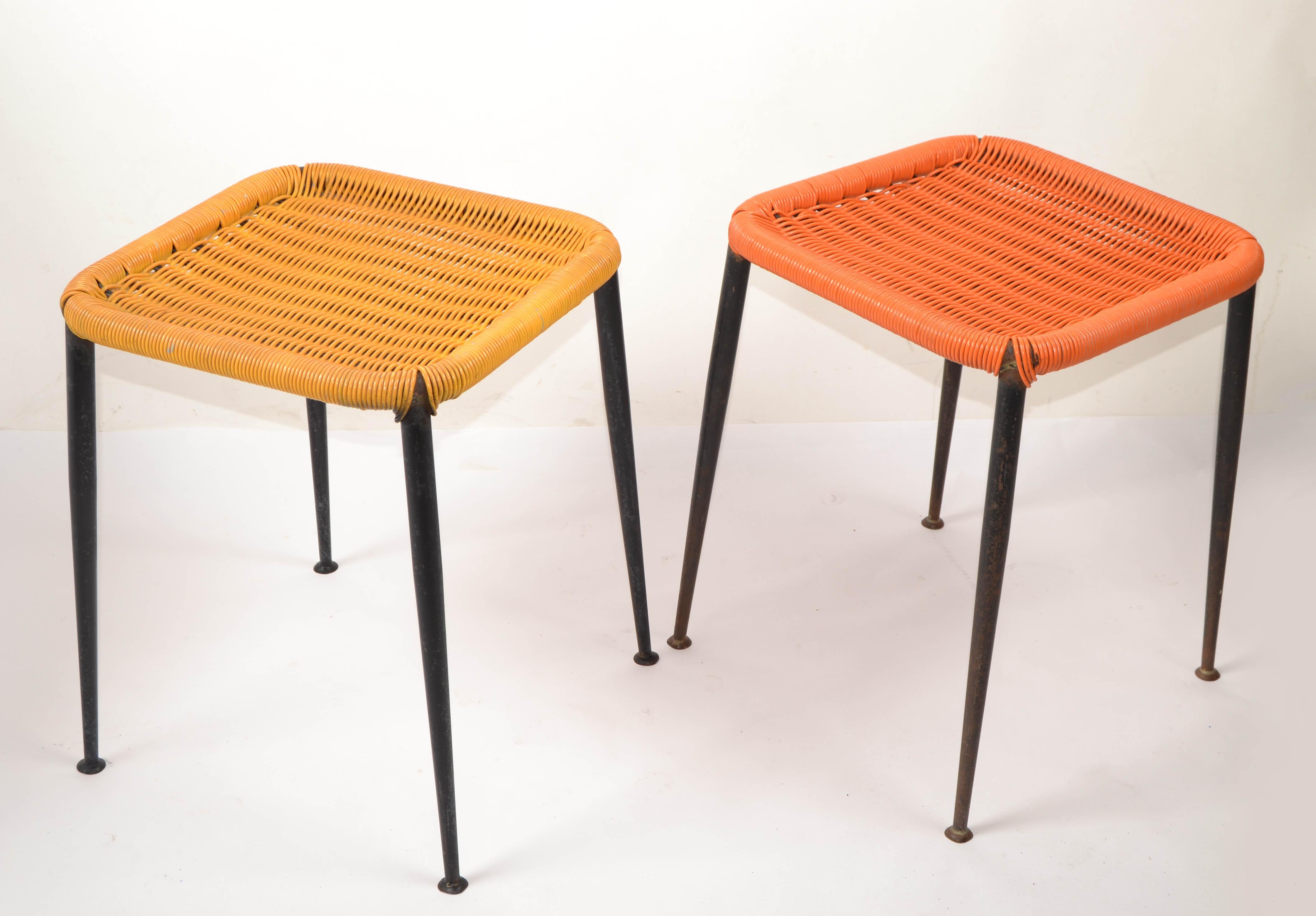 Pair Gio Ponti Style Steel & Handwoven Plastic Stools Italy Mid-Century Modern For Sale 9