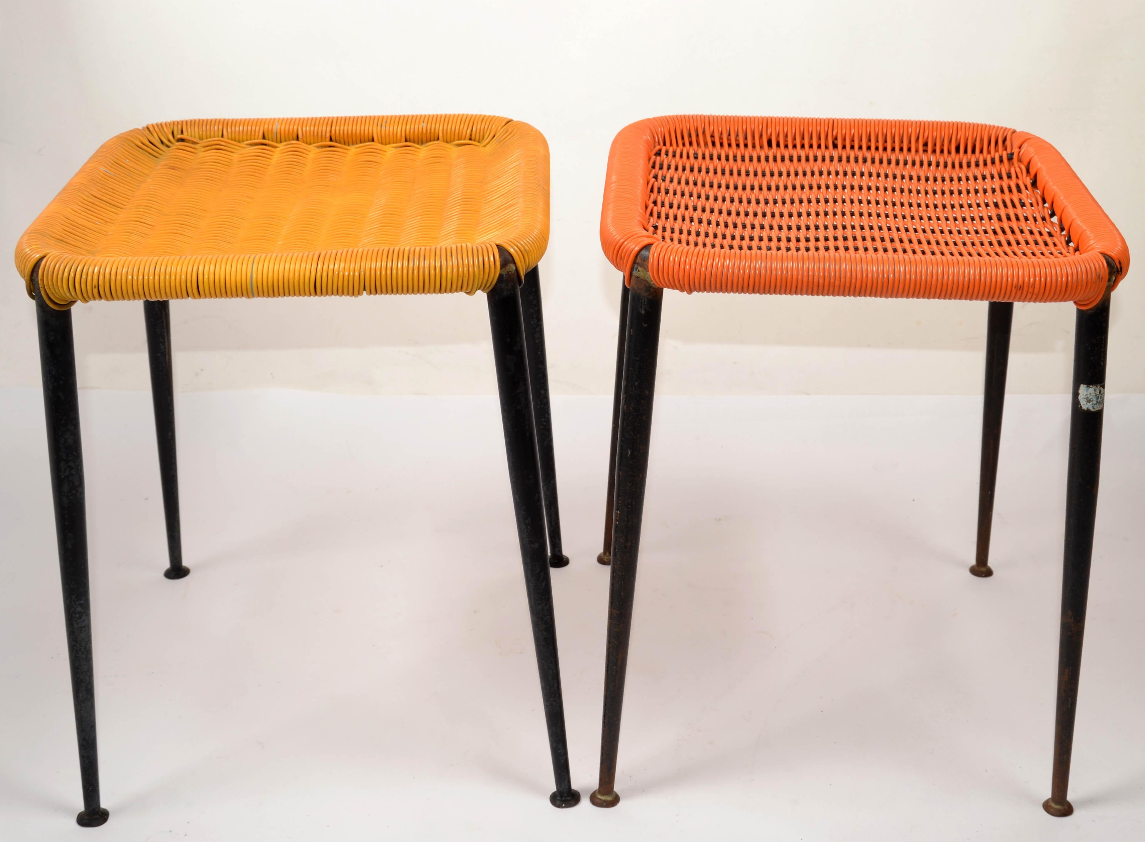 Italian Pair Gio Ponti Style Steel & Handwoven Plastic Stools Italy Mid-Century Modern For Sale