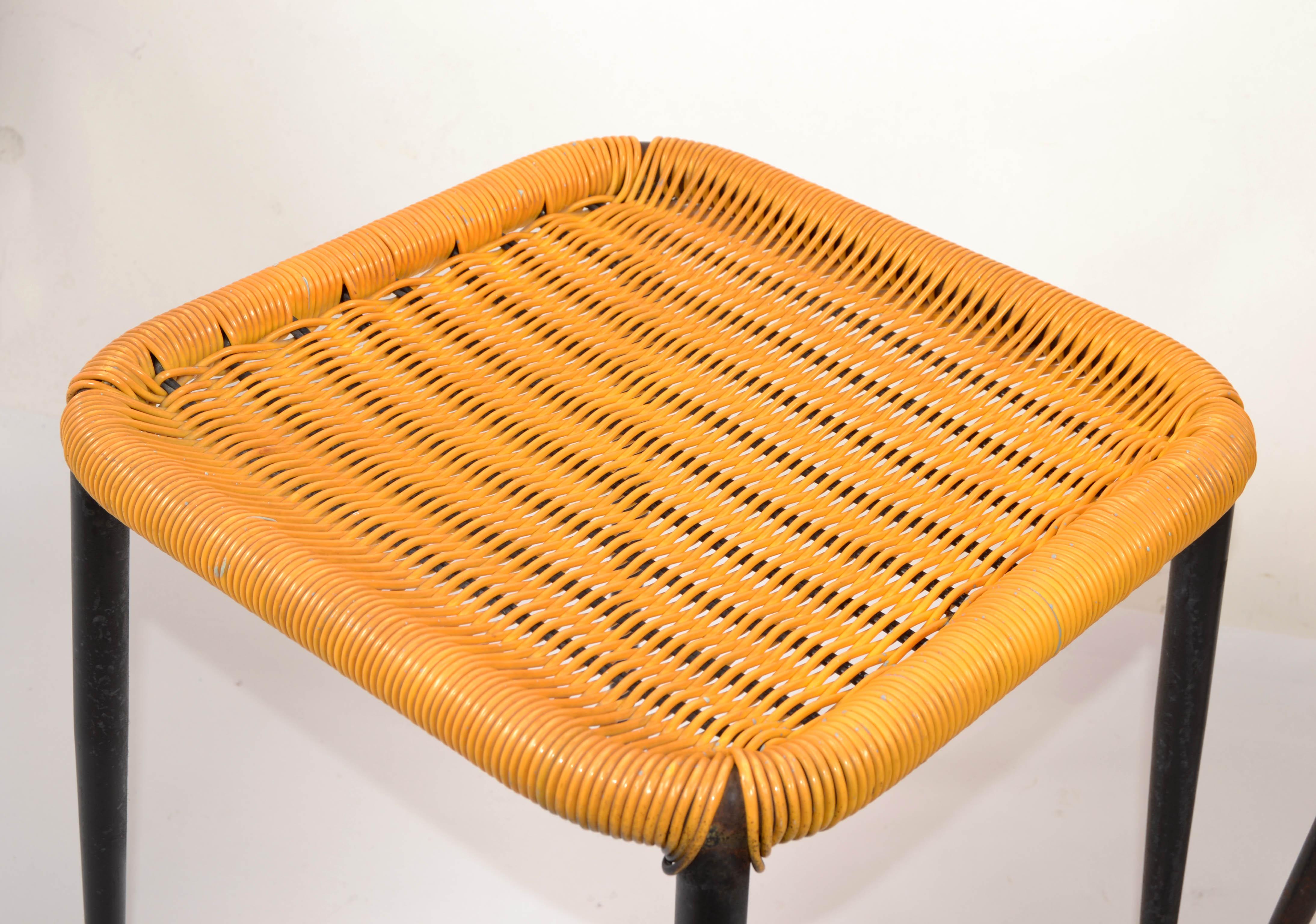 Mid-20th Century Pair Gio Ponti Style Steel & Handwoven Plastic Stools Italy Mid-Century Modern For Sale