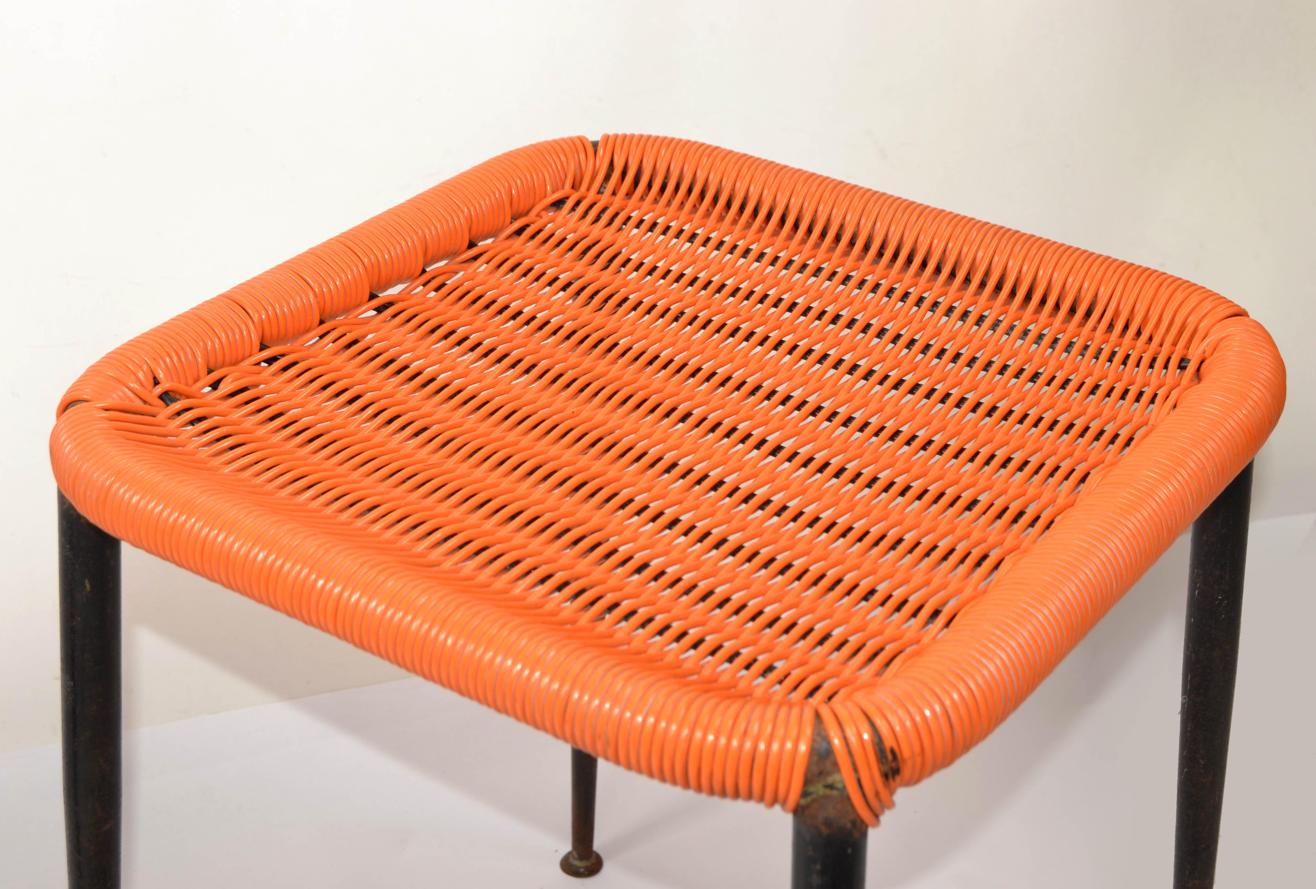 Pair Gio Ponti Style Steel & Handwoven Plastic Stools Italy Mid-Century Modern For Sale 1
