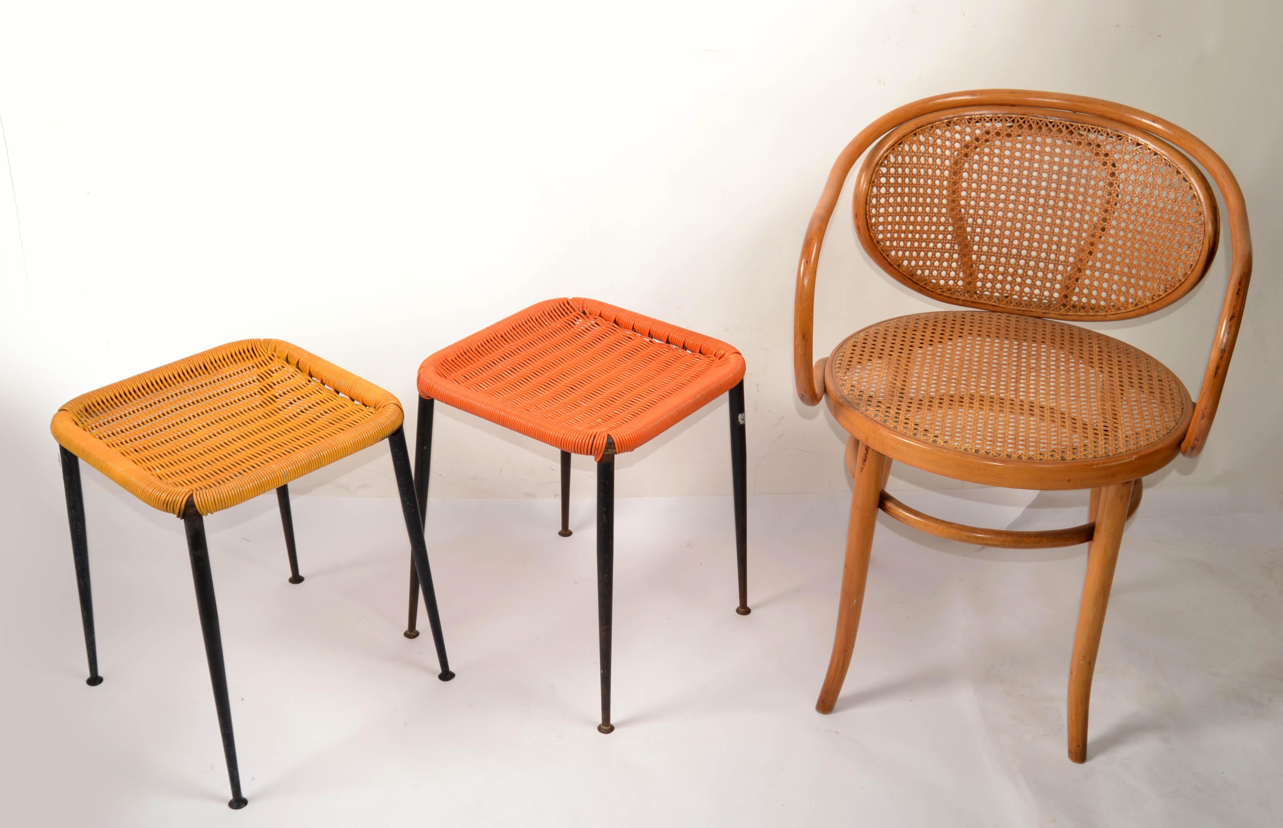 Pair Gio Ponti Style Steel & Handwoven Plastic Stools Italy Mid-Century Modern For Sale 2
