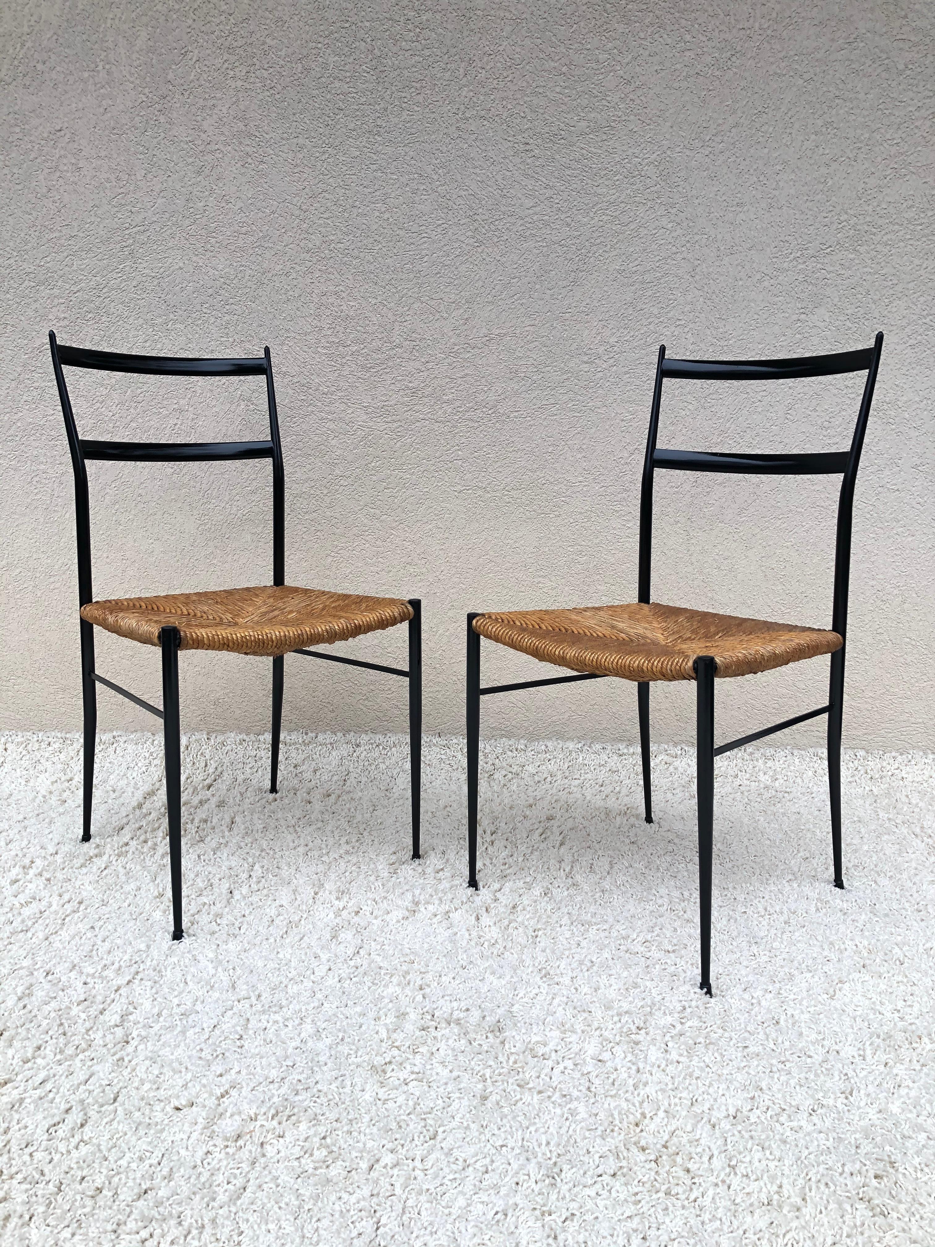 Italian Pair of Superlegga Style Chairs, Metal Black Enameled Finish, style of Gio Ponti For Sale