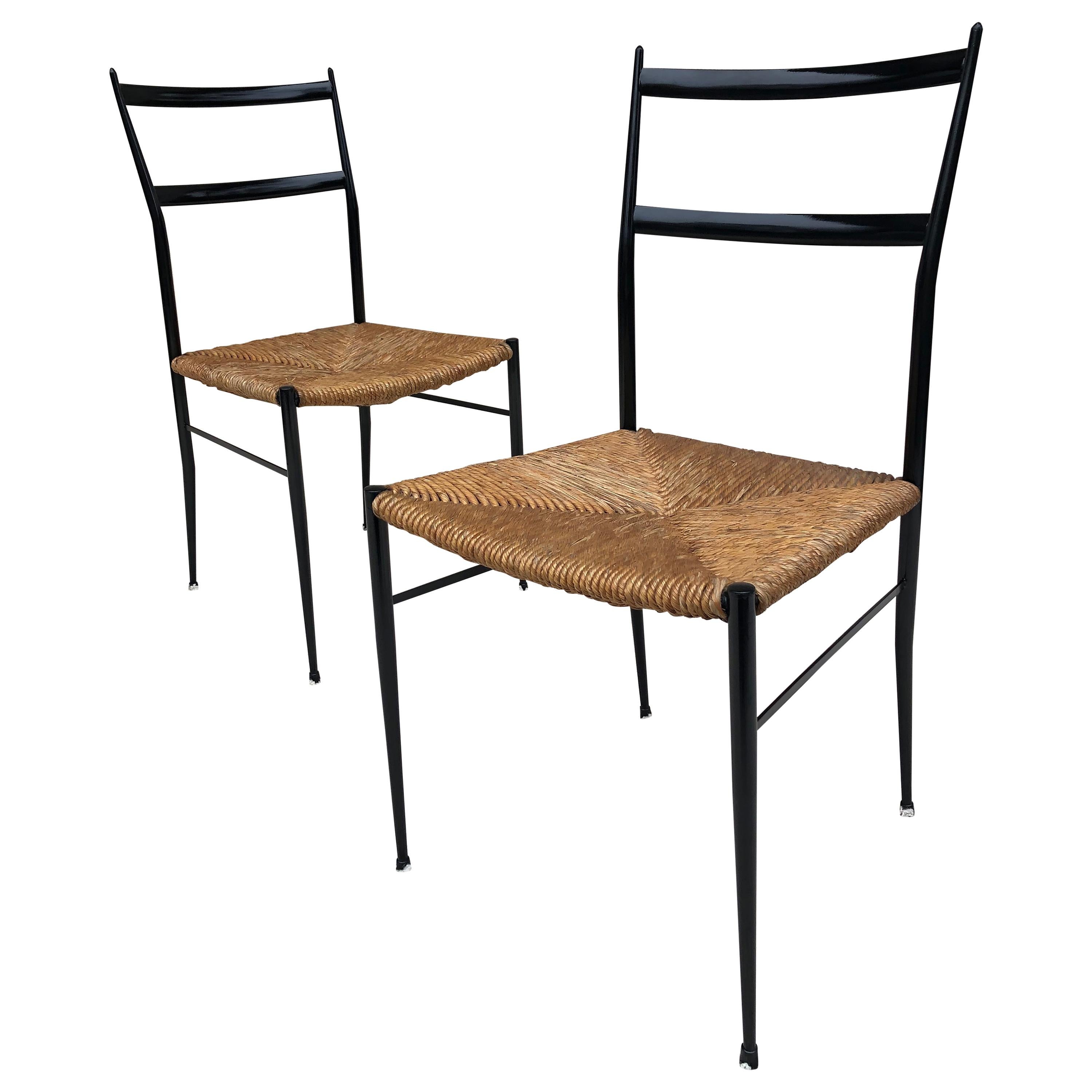 Pair of Superlegga Style Chairs, Metal Black Enameled Finish, style of Gio Ponti For Sale